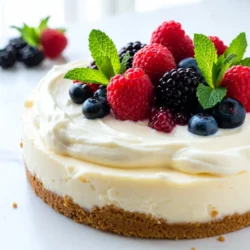 - 1 ½ cups graham cracker crumbs - ½ cup unsalted butter, melted - 2 cups cream cheese, softened - 1 cup white chocolate, melted - ¾ cup granulated sugar - 2 large eggs - 1 teaspoon vanilla extract - 1 tablespoon lemon juice - 1 cup heavy whipping cream - Fresh berries (for garnish, optional) - Mint leaves (for garnish, optional) This cheesecake needs simple, tasty ingredients. You start with graham cracker crumbs for the crust. Mix those with melted butter for a yummy base. Next, you’ll need cream cheese for that creamy filling. Make sure the cream cheese is soft. This helps it blend well. Melt some white chocolate to add rich flavor. You’ll also need granulated sugar for sweetness. Eggs help hold the cheesecake together. Vanilla extract gives it a warm aroma. A splash of lemon juice adds brightness. For the final touch, whip heavy cream to make it light and fluffy. You can also add fresh berries or mint leaves for a fun garnish. Each ingredient plays a big role in making this dessert special. {{ingredient_image_1}} To start, mix the graham cracker crumbs and melted butter in a medium bowl. Stir until the crumbs are well coated. Press this mixture firmly into the bottom of a 9-inch springform pan. Make sure it is even. Bake the crust in a preheated oven at 350°F for 8-10 minutes. You want it to be lightly golden. After baking, let it cool while you make the filling. Next, grab a large mixing bowl and beat the cream cheese until it is smooth. Use an electric mixer to make this step easier. Then, add the melted white chocolate to the bowl. Mix until the white chocolate is fully incorporated into the cream cheese. This will create a rich and creamy base for your cheesecake. Now, it’s time to add sweetness! Gradually add the granulated sugar into the cream cheese mixture. Keep mixing until the sugar blends well. Next, add the eggs one at a time. Mix well after each egg. Finally, stir in the vanilla extract and lemon juice. This will brighten the flavor and balance the sweetness. Pour the cheesecake filling over the cooled crust in the springform pan. Make sure it is spread evenly. Bake the cheesecake at 325°F for 50-60 minutes. The edges should be set and the center should have a slight jiggle. This slight jiggle means it will be creamy when cooled. Once baked, turn off the oven. Crack the oven door open to let it cool slowly. Let the cheesecake cool for about an hour. After that, refrigerate it for at least 4 hours or overnight. This chilling time is crucial for setting the cheesecake properly. Before serving, prepare the whipped cream by whipping the heavy cream until soft peaks form. You can spread or pipe this whipped cream on top of the chilled cheesecake. For a pretty finish, garnish with fresh berries or mint leaves. Slice it up and enjoy this creamy dessert delight! To get a smooth cheesecake, use room temperature ingredients. This means letting your cream cheese and eggs sit out for about 30 minutes before mixing. Cold ingredients can make lumps. When mixing, start on low speed and gradually increase. This helps blend without adding too much air. If your cheesecake cracks, don’t worry! One easy fix is to bake it in a water bath. This keeps the heat even. If it’s too sweet, add a pinch of salt. Salt can balance the sweetness. You can also mix in a bit of sour cream for tang. Check for doneness by looking at the edges. The center should have a slight jiggle. If it looks too set, you may have overbaked it. Keep your oven temperature steady. A small shift can change the bake. Always use an oven thermometer to ensure accuracy. Pro Tips Use Quality Chocolate: Always opt for high-quality white chocolate to enhance the flavor of your cheesecake. Room Temperature Ingredients: Ensure that your cream cheese and eggs are at room temperature for a smoother filling. Prevent Cracking: To avoid cracks on the surface, bake the cheesecake in a water bath and do not open the oven door during baking. Chill Overnight: For the best flavor and texture, allow the cheesecake to chill overnight before serving. {{image_2}} You can add fun flavors to your cheesecake. Try mixing in melted dark chocolate for a richer taste. You can also add fresh fruits like strawberries or raspberries for a fruity twist. Just chop the fruit and fold it into the cream cheese mixture gently. For extra crunch, add chopped nuts like almonds or walnuts. A pinch of cinnamon or nutmeg can give a warm spice note too. If you want to change the crust, consider using Oreo cookies. Crush the cookies and mix them with melted butter. Press this mixture into your pan for a sweet, chocolatey base. For those avoiding gluten, use gluten-free graham crackers. They work just as well and keep the texture light and crispy. Toppings can take your cheesecake to the next level. A rich chocolate ganache adds a glossy finish. To make this, heat cream and pour it over chocolate. Stir until smooth and pour it on top of the cheesecake. A caramel drizzle is another great option. Just warm up some caramel sauce and swirl it over the whipped cream. Fresh berries and mint leaves make lovely garnishes too. They add color and freshness, making your dessert even more inviting. To keep leftover cheesecake fresh, store it in the fridge. Use an airtight container or cover it tightly with plastic wrap. This helps prevent the cheesecake from drying out or absorbing other odors. Make sure it stays in the coldest part of the fridge for best results. Always serve chilled for the best flavor and texture. You can freeze cheesecake to enjoy later. First, let it cool completely. Wrap it tightly in plastic wrap, then in aluminum foil. This extra layer protects it from freezer burn. To thaw, place it in the fridge overnight. For a faster thaw, set it on the counter for about two hours. Avoid microwaving, as it can change the texture. Refrigerated white chocolate cheesecake lasts about 5 to 7 days. Keep an eye on it for any signs of spoilage. When frozen, cheesecake can last up to 3 months. Its flavor and texture remain good if stored properly. Always label your cheesecake with the date so you know when to enjoy it! Serve white chocolate cheesecake chilled for the best taste. A cold slice melts in your mouth. Add a dollop of whipped cream on top. Fresh berries make it even better. You can use strawberries, blueberries, or raspberries. Mint leaves add a nice touch too. Place the cheesecake on a pretty plate to impress your guests. Yes, you can make this cheesecake a day in advance. This gives the flavors time to blend. After baking, let it cool, then chill it in the fridge. It will be ready to serve the next day. Just add your toppings before serving for a fresh look. To avoid cracks, make sure your ingredients are at room temperature. This helps them mix smoothly. Also, do not overbeat the mixture. Overmixing adds air that can cause cracks. When baking, keep an eye on the time. If the edges are set but the center jiggles slightly, it’s done. Let the cheesecake cool slowly in the oven. This step helps prevent cracks as well. In this blog post, we explored how to make a perfect white chocolate cheesecake. We covered the needed ingredients, from graham cracker crumbs to optional garnishes. You learned step-by-step instructions for making the crust, filling, and baking to perfection. We shared tips for smooth cheesecake and how to fix common problems. Variations give you options for flavor and crust substitutes. Remember to store your cheesecake properly for the best taste. Enjoy creating this delightful dessert and impressing your friends with your skills!