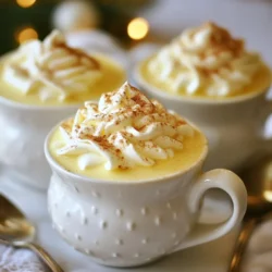 - 4 large eggs - ½ cup granulated sugar - 2 cups whole milk - 1 cup heavy cream - 1 teaspoon vanilla extract - ½ teaspoon ground nutmeg - ½ teaspoon ground cinnamon - A pinch of salt - Whipped cream (for garnish) - Additional ground nutmeg or cinnamon (for garnish) I love this classic eggnog recipe. It is rich and creamy, perfect for the holidays. The ingredients are simple and easy to find. You start with four large eggs. Fresh eggs give the best flavor. Next, you need half a cup of granulated sugar. This adds sweetness without overpowering the eggnog. For the base, we use two cups of whole milk. Whole milk makes it rich and smooth. You also need one cup of heavy cream. This adds a lovely creaminess. Then, we have one teaspoon of vanilla extract. It adds a warm flavor that complements the spices. For spices, use half a teaspoon of ground nutmeg and half a teaspoon of ground cinnamon. They give the eggnog that festive taste. Don’t forget a pinch of salt. It balances the sweetness. For serving, you’ll want whipped cream for a nice finish. Extra nutmeg or cinnamon makes a perfect garnish. Gather these ingredients, and you are ready to make a delightful eggnog. It's a treat that warms the heart and brings joy to any gathering. {{ingredient_image_1}} - Beating the Eggs Start by cracking 4 large eggs into a big bowl. Use a whisk to beat them until they look light and frothy. This step adds air and makes the eggnog creamy. - Combining Sugar and Eggs Gradually add ½ cup of granulated sugar to the eggs. Keep whisking until the sugar is fully mixed in. This makes the eggs sweet and smooth. - Heating the Milk and Cream Mixture In a saucepan over medium heat, mix together 2 cups of whole milk, 1 cup of heavy cream, 1 teaspoon of vanilla extract, ½ teaspoon of ground nutmeg, ½ teaspoon of ground cinnamon, and a pinch of salt. Heat this until it starts to simmer, but don’t let it boil. - Tempering the Eggs Once the milk mix is heated, remove it from the heat. Slowly pour this warm mixture into the egg and sugar mix while whisking. This helps warm the eggs gently, so they don’t scramble. - Thickening the Eggnog After combining, pour the mix back into the saucepan. Cook over low heat, stirring constantly until the eggnog thickens a bit. This takes about 5 to 7 minutes. It should coat the back of a spoon. - Chilling the Eggnog Remove the eggnog from heat and let it cool at room temperature for about 30 minutes. Then, put it in the fridge for at least 2 hours. This chilling time helps the flavors blend and makes it refreshing. This recipe will give you a lovely eggnog that tastes just like the holidays. - Achieving the Right Consistency For smooth eggnog, you want it creamy but not too thick. After cooking, stir until it coats the back of a spoon. If it feels too thick, just add a splash of milk. This helps keep it light. - Preventing Egg Scrambling To avoid scrambled eggs, pour the warm milk mixture into the egg mix slowly. Whisk as you pour. This keeps the eggs from cooking too fast. Remember, constant stirring is key when you heat it. - Whipping Cream for Garnish Use cold heavy cream for the best whipped topping. Beat it until soft peaks form. This makes your eggnog look fancy. Don’t forget to sprinkle extra nutmeg or cinnamon on top. It adds a nice touch and flavor. Pro Tips Use Fresh Eggs: For the best flavor and texture, use the freshest eggs you can find. Fresh eggs will create a creamier and richer eggnog. Chill Thoroughly: Ensure that you chill the eggnog for at least 2 hours before serving. This allows the flavors to meld beautifully and enhances the overall taste. Experiment with Spices: Feel free to adjust the spices according to your preference. Adding a pinch of cloves or allspice can give your eggnog a unique twist. Garnish Creatively: Beyond whipped cream, consider garnishing your eggnog with chocolate shavings, a cinnamon stick, or even a splash of rum for an adult version! {{image_2}} Eggnog is a fun drink. You can change it up in many ways. Here are some great ideas. - Traditional Spiked Eggnog: For a festive kick, add rum, bourbon, or brandy. Start with 1-2 ounces per serving. Mix it in slowly. This gives a warm, rich taste and is perfect for holiday cheer. - Eggnog Without Dairy: You can still enjoy eggnog if you're avoiding dairy. Use almond milk, coconut milk, or oat milk instead. Replace the heavy cream with a non-dairy cream. This keeps it creamy and tasty without the dairy. - Eggnog with Alternative Spices: Spice it up! If you want a twist, try different spices. You can use cardamom, ginger, or allspice for new flavors. Just add a pinch to your mix. This gives your eggnog a fresh spin and makes it unique. These variations allow you to customize your eggnog. Whether you want it spiked, dairy-free, or full of new spices, the choice is yours! How to Store Eggnog To store eggnog, pour it into a clean container. I recommend using a glass jar or a pitcher. Make sure it has a tight lid. This helps keep the flavors fresh. Always refrigerate your eggnog right after you make it. Shelf Life and Best Practices Homemade eggnog lasts about three to four days in the fridge. It tastes best when fresh. If you want to keep it longer, freeze it. Frozen eggnog can last up to six months. Just remember to thaw it in the fridge before serving. Reheating Instructions To reheat eggnog, pour it into a saucepan. Heat it slowly over low heat. Stir it often to avoid burning. Do not let it boil, as this can change the texture. Once warm, serve it with whipped cream and a sprinkle of nutmeg or cinnamon. Enjoy your holiday treat! Can you make eggnog in advance? Yes, you can make eggnog in advance. This drink gets better when it sits. I often make it a day before my holiday party. It allows the flavors to blend well. Just store it in the fridge until you are ready to serve. How long does homemade eggnog last in the fridge? Homemade eggnog lasts about 3 to 5 days in the fridge. Be sure to keep it in a sealed container. If you see any changes in smell or texture, it’s best to toss it out. Is it safe to drink eggnog made with raw eggs? Eggnog made with raw eggs can be safe if prepared correctly. Use fresh, pasteurized eggs to lower the risk of foodborne illness. Cooking the eggnog mixture gently helps kill any harmful bacteria. Always be cautious and check the quality of your ingredients. You learned how to make eggnog from scratch with key ingredients and steps. We covered tips to get the right taste and texture. You can even explore fun variations to suit your taste. Storing and reheating your eggnog is easy, too. Remember, making eggnog is about enjoying the process. So, gather your ingredients and create a creamy treat to share. Enjoy your homemade eggnog with friends and family this season!