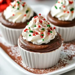 - 200g dark chocolate (70% cocoa), chopped - 3 large eggs, separated - 1/4 cup granulated sugar - 1 teaspoon vanilla extract - 1 cup heavy cream - Pinch of salt - Whipped cream, for topping - Holiday sprinkles or crushed peppermint for garnish For these Christmas Chocolate Mousse Cups, you start with dark chocolate. I love using 70% cocoa for a rich taste. You will need three large eggs. Separate the yolks from the whites. The yolks add creaminess, while the whites give lightness. Next, grab a quarter cup of granulated sugar. This sweetens the mousse. You also need one teaspoon of vanilla extract. It adds warmth and depth to the flavor. For the texture, use one cup of heavy cream. Whip it until soft peaks form. Finally, don’t forget a pinch of salt. It balances the sweetness and enhances the chocolate flavor. For garnishing, use whipped cream on top. You can also sprinkle holiday sprinkles or crushed peppermint for a festive look. These simple touches make the mousse even more special. {{ingredient_image_1}} To melt the dark chocolate, use a heatproof bowl. Place it over a pot of simmering water. Stir the chocolate as it melts. This method helps prevent burning. If the chocolate seizes, it can become thick and clumpy. To avoid this, make sure no water gets into the chocolate. Even a drop can cause it to seize. In a mixing bowl, whisk the egg yolks, sugar, and vanilla. Keep whisking until the mixture turns pale and creamy. This step adds air and sweetness. Next, slowly stir in the melted chocolate. Make sure everything blends well. This creates a rich base for your mousse. Now, beat the egg whites with a pinch of salt. Whip them until they form stiff peaks. This is key for a light mousse. Then, gently fold the beaten egg whites into the chocolate mixture. Be careful not to deflate the air. After this, whip the heavy cream until soft peaks form. Fold the whipped cream into the mixture next. This gives the mousse its creamy texture. For serving, small cups or shot glasses work best. Spoon the mousse into these containers. You can also use decorative dishes for a festive touch. Refrigerate the mousse for at least two hours. This helps it set properly. Enjoy your delicious Christmas Chocolate Mousse Cups! Getting the right mousse texture is key. Start with room-temperature eggs. Cold eggs can make mixing hard. Melt your dark chocolate gently. A double boiler works best. If the heat is too high, the chocolate can seize. Common mistakes? Avoid overmixing. When you fold in the egg whites, do it gently. This keeps the air in the mixture. If you deflate it, the mousse will be dense. Watch for stiff peaks in your whipped cream. If it’s too soft, it won’t hold shape. Present your mousse cups for eye-catching appeal. Use small cups or shot glasses. Arrange them on a festive platter. Add cocoa powder around the cups for a nice touch. For garnishing, get creative! Top with whipped cream and sprinkle holiday sprinkles. Crushed peppermint adds a fun crunch. A sprig of mint or holly gives it that Christmas flair. Pair your mousse cups with light holiday meals. They balance out rich dishes well. Try serving with a fruit salad or cheese platter. For drinks, hot chocolate is a cozy match. A glass of dry red wine also works well. These choices enhance the flavors of your mousse. Pro Tips Use high-quality chocolate: The flavor of your mousse largely depends on the chocolate you use. Opt for a good quality dark chocolate with at least 70% cocoa for a rich and intense taste. Room temperature ingredients: Make sure your eggs and cream are at room temperature before starting. This helps in achieving better incorporation and a smoother mousse texture. Don't rush the folding: When folding in the egg whites and whipped cream, take your time. Gently folding helps maintain the airiness of the mousse, resulting in a light and fluffy dessert. Chill for best results: For optimal texture, allow the mousse to chill in the refrigerator for at least 2 hours. This sets the mousse perfectly and enhances the flavors. {{image_2}} You can change the flavor of your mousse cups to make them even more fun. Adding coffee or espresso gives a rich depth. Just mix in a teaspoon of espresso powder with the melted chocolate. This adds a lovely taste that balances the sweetness. Another option is to use orange or peppermint extracts. Just a few drops can create a festive twist. Orange brings warmth, while peppermint adds a refreshing zing. Mix them in with the vanilla extract for a great flavor boost. If you want to make this mousse dairy-free, you can use coconut cream instead of heavy cream. Chill the coconut cream overnight, then whip it. This keeps the mousse light and fluffy without dairy. For egg allergies, you can use aquafaba. Aquafaba is the liquid from canned chickpeas. It whips up just like egg whites. Use about 3 tablespoons of aquafaba for each egg white. This keeps your mousse airy without using eggs. Mini portions are a great idea for parties. Use small cups or shot glasses to serve. This lets your guests enjoy a little bit without overindulging. If you need to double the recipe, it’s easy! Just multiply all the ingredients by two. Make sure to use a larger mixing bowl. This way, you can whip up enough mousse for your big gatherings. To keep your Christmas Chocolate Mousse Cups fresh, use airtight containers. Small glass jars or plastic cups work well. Make sure they are clean and dry before adding the mousse. You can store the mousse in the fridge for up to three days. This allows you to enjoy them at your holiday gatherings without worry. Just remember to cover them tightly to avoid any fridge odors. If you want to keep the mousse for longer, you can freeze it. First, spoon the mousse into freezer-safe containers. Leave some space at the top for expansion. To thaw, move the mousse to the fridge. Let it sit overnight to regain its creamy texture. Serve it chilled, and you can even add fresh whipped cream and festive toppings again for a delightful touch! Christmas Chocolate Mousse Cups stay fresh for about 3 days in the fridge. Store them in an airtight container. This keeps them from drying out or absorbing other fridge smells. If you want to enjoy them longer, do not add the whipped cream or garnishes until you serve them. Yes, you can use milk chocolate instead of dark chocolate. However, your mousse will taste sweeter and be creamier. Dark chocolate gives a rich flavor and a nice contrast to the sweetness. If you prefer a less intense taste, milk chocolate works well. Just remember that you might need less sugar. Eating raw eggs can be risky due to salmonella. To be safe, use pasteurized eggs in your mousse. Pasteurized eggs go through a process that kills bacteria without cooking the eggs. You can find them in most grocery stores, making them a safe choice for your dessert. If you don’t have heavy cream, you have options. You can use coconut cream for a dairy-free mousse. Whipped silken tofu is another choice for a lighter mousse. Another option is to mix milk with butter, using 3/4 cup of milk plus 1/4 cup of melted butter to replace 1 cup of heavy cream. In this post, we explored making Christmas Chocolate Mousse Cups. We discussed the key ingredients, from dark chocolate to whipped cream. You learned step-by-step instructions for melting chocolate and preparing the mousse. I shared tips for the best texture and presentation. Variations allow for fun twists, and proper storage ensures freshness. Enjoy this delightful treat this holiday season, knowing you can customize it for everyone! Your festive gatherings will shine with these tasty mousse cups.
