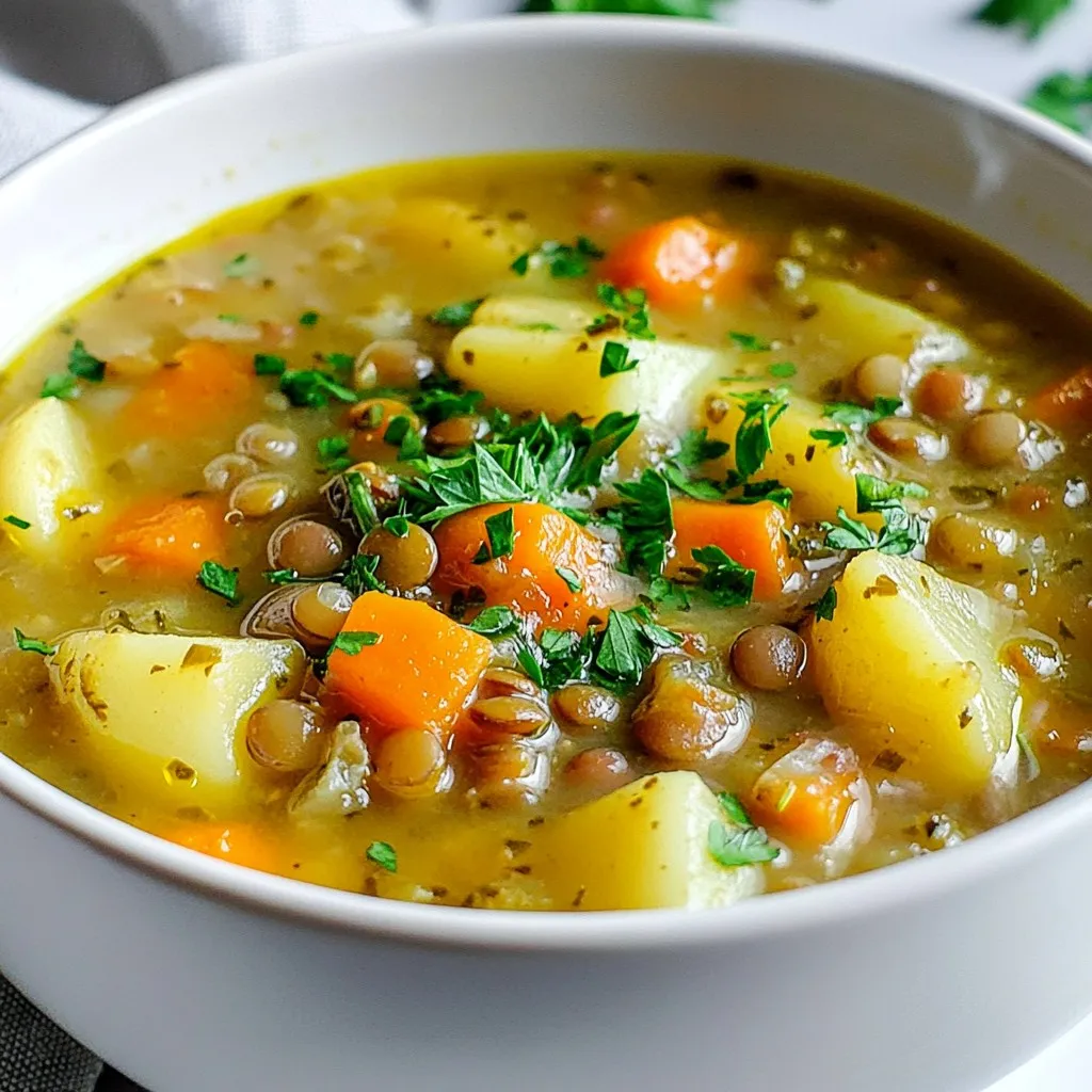 This soup is easy to make with simple ingredients. Here’s what you need: - 1 cup green or brown lentils, rinsed - 2 medium potatoes, diced - 1 medium onion, chopped - 2 carrots, diced - 2 celery stalks, diced - 3 cloves garlic, minced - 6 cups vegetable broth - 1 teaspoon ground cumin - 1 teaspoon smoked paprika - Salt and pepper to taste - 2 tablespoons olive oil - 1 bay leaf - Fresh parsley for garnish These items create a base of flavor and nutrition in your soup. While the soup is tasty on its own, you can add some fun garnishes: - A drizzle of olive oil - Fresh chopped parsley - Croutons for crunch - A sprinkle of cheese These add extra flavor and make your soup look nice too. Each ingredient brings health benefits: - Lentils: Packed with protein and fiber, helping you feel full. - Potatoes: A good source of vitamins and minerals, providing energy. - Onions: Great for heart health and rich in antioxidants. - Carrots: High in beta-carotene, good for your vision. - Celery: Helps with hydration and low in calories. - Garlic: Boosts immunity and adds flavor. Using these fresh ingredients ensures your soup is not only tasty but also good for you. {{ingredient_image_1}} First, gather your ingredients. You need lentils, potatoes, onion, carrots, celery, and garlic. Rinse the lentils to remove any dirt. Chop the onion, dice the potatoes, and cut the carrots and celery into small pieces. This helps the soup cook evenly. In a large pot, heat two tablespoons of olive oil over medium heat. Add the chopped onion, carrots, and celery. Sauté them for about five minutes. You want the veggies to soften and become fragrant. Then, add minced garlic, ground cumin, and smoked paprika. Stir for one minute until the garlic smells great. Next, add the diced potatoes and rinsed lentils to the pot. Stir everything well. You want the lentils and potatoes to soak up the spices. This step adds a lot of flavor to the soup. Pour in six cups of vegetable broth and add one bay leaf. Bring the mix to a boil. Once boiling, reduce the heat to a simmer. Cover the pot and let it cook for 30 to 35 minutes. Stir occasionally. If the soup gets too thick, add more broth or water. After cooking, remove the bay leaf. Season with salt and pepper to your taste. For a creamy feel, blend part of the soup. You can use an immersion blender right in the pot. If you prefer, blend some in a regular blender and then return it to the pot. Serve your soup hot in deep bowls. Drizzle a little olive oil on top and sprinkle fresh parsley for color. This soup pairs nicely with crusty bread for a complete meal. Enjoy each warm bite of this hearty dish! To boost the flavor of your soup, spices are key. I use ground cumin and smoked paprika. These add a warm, earthy taste. You can also try adding a pinch of red pepper flakes for some heat. Fresh herbs, like thyme or bay leaves, can also deepen the flavor. Don’t forget to taste as you cook. Adjust spices to your liking. A thick soup is comforting, but it should not be too thick. Start with the right amount of broth. I recommend six cups for a nice balance. If your soup gets too thick, simply add more broth or water. For a creamier texture, blend a portion of the soup. This adds body without losing the chunky feel. One mistake is not rinsing lentils before cooking. Rinsing removes dirt and improves taste. Another mistake is cooking lentils too long. Overcooked lentils can turn mushy. Keep an eye on the texture and taste them. Finally, skip the seasoning until the end. Always taste before adding salt. It helps control the soup's overall flavor. Pro Tips Use Fresh Ingredients: Fresh vegetables and herbs can significantly enhance the flavor of your soup, making it more vibrant and aromatic. Adjust the Consistency: If you prefer a thicker soup, blend more of the mixture. For a thinner soup, add additional broth or water gradually. Flavor Boost: Consider adding a splash of lemon juice or vinegar just before serving to brighten the flavors of the soup. Make it Ahead: This soup tastes even better the next day! Make a large batch and store leftovers in the fridge for a quick meal. {{image_2}} You can make this soup even heartier by adding extra veggies. Try adding spinach, kale, or zucchini. These greens give nutrition and color. Cut them into small pieces to cook faster. You can also use bell peppers or corn for a sweet touch. Just toss them in when you add the lentils and potatoes. They will blend well with the flavors. Want to boost protein? Add beans, like chickpeas or white beans. They cook quickly and add a creamy texture. You can also add cooked chicken or sausage for meat lovers. If you want a vegan option, use tofu or tempeh. Just sauté them with the veggies at the start. This way, the flavors mix well. If you like heat, add chili powder or cayenne pepper. Start with a little and taste as you go. You can also add fresh jalapeños or crushed red pepper flakes. For a smoky flavor, try chipotle peppers in adobo sauce. Add these spices when you add the garlic to get the most flavor. This will give your soup a nice kick! You can store leftover soup in the fridge. Use an airtight container for best results. The soup stays fresh for about 3 to 5 days. Before you eat it again, check for any signs of spoilage. If it smells off or looks strange, don’t eat it. Freezing soup is a great way to save it for later. Let the soup cool completely before freezing. Pour it into freezer-safe containers or bags. Leave some space at the top for expansion. Your soup will stay good in the freezer for up to 3 months. When you’re ready to eat, just thaw it in the fridge overnight. Reheating is quick and easy. You can use the stove or microwave. For the stove, pour the soup into a pot and heat it over medium heat. Stir it often until it’s hot. If using the microwave, put the soup in a microwave-safe bowl. Heat it in 1-minute intervals, stirring in between, until it's warm. Always check the temperature before serving. Enjoy your comforting bowl of soup! Yes, you can use different lentils in this soup. Green and brown lentils work best. They hold their shape well and cook evenly. Red lentils can also work, but they cook faster and may become mushy. If you use red lentils, reduce the cooking time by about ten minutes. If you do not have vegetable broth, you can use water with added seasonings. You could also use chicken broth for a non-vegetarian option. To boost flavor, add a splash of soy sauce or miso paste. This will help give the soup a nice depth of taste. Leftover soup can last in the fridge for about four days. Make sure to store it in an airtight container. If you want to keep it longer, you can freeze it. Frozen soup can last for up to three months. Just thaw it in the fridge before reheating. Yes, you can make this soup in a slow cooker. Start by sautéing the onion, carrots, and celery in a pan. Then, add them to the slow cooker with the rest of the ingredients. Set it on low for 6 to 8 hours or high for 3 to 4 hours. This method makes the soup even more flavorful as everything simmers together. This blog post covered easy lentil potato soup. We explored key ingredients, many cooking steps, and tips for flavor. I shared ways to vary the soup, plus storage ideas. Remember, lentils and potatoes pack a nutritious punch. Whether you try a slow cooker or add spices, enjoy the process. This soup is simple to make and fun to customize. You can create a meal that warms both body and soul. Keep experimenting with flavors and enjoy delicious results!