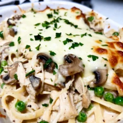 - 8 ounces of linguine or spaghetti - 2 cups of cooked chicken, shredded - 1 cup sliced mushrooms - 1 cup frozen peas - 1 small onion, diced - 2 cloves garlic, minced - 1 teaspoon dried thyme - 1 teaspoon garlic powder - Salt and pepper to taste - 4 tablespoons butter - 4 tablespoons all-purpose flour - 2 cups chicken broth - 1 cup heavy cream - 1 cup grated Parmesan cheese - 1 cup shredded mozzarella cheese - Fresh parsley, chopped for garnish (optional) This recipe for creamy chicken tetrazzini uses simple, tasty ingredients. The main stars are the pasta and chicken. You can use linguine or spaghetti, whichever you prefer. The cooked chicken adds protein and is easy to shred. Next, we have our vegetables and seasonings. The mushrooms give a nice earthy flavor, while peas add sweetness. Onions and garlic bring a lovely aroma. Thyme and garlic powder enhance the taste. Don't forget salt and pepper; they bring all the flavors together. For the creamy sauce, we use butter and flour to make a roux. This thickens our sauce perfectly. Chicken broth adds depth, while heavy cream makes it rich. Finally, the cheeses are what make this dish so special. Parmesan gives a salty kick, and mozzarella adds gooeyness. If you want, sprinkle fresh parsley on top for a pop of color. With these ingredients, you will create a dish that is both hearty and comforting. Now, let's get cooking! {{ingredient_image_1}} - Boil salted water in a large pot. - Add 8 ounces of linguine or spaghetti. - Cook according to package instructions until al dente. - Drain and set aside. - Melt 4 tablespoons of butter in a skillet over medium heat. - Add 1 small diced onion, 2 minced garlic cloves, and 1 cup of sliced mushrooms. - Sauté until the vegetables are tender, about 5-7 minutes. - Stir in 4 tablespoons of all-purpose flour with the cooked vegetables. - Gradually add 2 cups of chicken broth while whisking. - Whisk until the mixture thickens, about 3-5 minutes. - Add 1 cup of heavy cream, 1 teaspoon dried thyme, 1 teaspoon garlic powder, salt, and pepper. - Add 2 cups of shredded chicken and 1 cup of frozen peas to the skillet. - Stir well to coat everything in the creamy sauce. - Cook for an additional 2-3 minutes until heated through. - Preheat your oven to 350°F (175°C). - Transfer the mixture to a greased 9x13 inch baking dish. - Top with 1 cup of grated Parmesan and 1 cup of shredded mozzarella. - Bake in the oven for 25-30 minutes. - Remove when the cheese is bubbly and golden brown. - Let sit for a few minutes before serving. - Garnish with fresh parsley, if desired. How to prevent lumps in the sauce? To prevent lumps, stir the flour into the sautéed vegetables first. This helps it blend well. Gradually pour in the chicken broth while whisking. Keep whisking until the sauce thickens. Adjusting seasoning to taste Taste the sauce as you cook. Adjust the salt and pepper based on your preference. If it needs more flavor, add extra thyme or garlic powder. Always remember, you can add but not take away! Best practices for al dente pasta Cook your pasta in boiling salted water. Follow the package instructions but check it one minute early. Al dente means it should be firm but not hard. Drain it right away to stop the cooking. Alternatives for gluten-free options For a gluten-free dish, use gluten-free pasta. Cook it just like regular pasta. You can also try zucchini noodles for a low-carb option. They add a fresh taste too! Recommended cheese varieties for richer flavor Use a mix of cheeses for depth. Parmesan adds a nutty taste, while mozzarella gives creaminess. You might also try gouda or cheddar for a twist. How to achieve a crispy topping To get a crispy topping, sprinkle extra cheese before baking. You can also add breadcrumbs mixed with a bit of melted butter. Bake until golden brown for that perfect crunch! Pro Tips Cook Pasta Al Dente: Ensure the pasta is cooked al dente for the best texture. It will continue to cook in the oven, preventing it from becoming mushy. Use Rotisserie Chicken: For a quicker preparation, use store-bought rotisserie chicken. It’s convenient and adds great flavor to the dish. Customize the Veggies: Feel free to add or swap vegetables like bell peppers or spinach based on your preferences or what you have on hand. Don’t Skip the Cheese: The combination of Parmesan and mozzarella creates a deliciously cheesy topping. Be generous for a golden, bubbly finish! {{image_2}} You can switch up the protein in your tetrazzini. Using rotisserie chicken saves time. It’s already cooked and adds great flavor. Just shred it and mix it in. Homemade chicken works too, but takes longer. For a vegetarian twist, use mushrooms or tofu. Sauté the mushrooms until they are nicely browned. If you use tofu, press it first to remove water. Then, cut it into cubes and sauté until golden. Both options give great taste and texture. Adding seasonal veggies can boost the flavor. Think about using asparagus in spring or zucchini in summer. They add color and nutrients. You can also toss in fresh spinach or bell peppers. Just sauté them with the onions and garlic for a tasty mix. To make your dish pop, add spices or herbs. A pinch of cayenne pepper can add warmth. Fresh herbs like basil or parsley can brighten the dish. Experiment with cheese too. Try gouda for a smoky flavor or cheddar for sharpness. Mixing different cheeses can make your tetrazzini unique and delicious. Store your leftover creamy chicken tetrazzini in an airtight container. Make sure it cools down first. This dish will last about 3 to 4 days in the fridge. Always check for any off smells before eating. To freeze tetrazzini, use a freezer-safe container. Let it cool completely before sealing. It keeps well for up to 3 months. For best results, freeze in individual portions. When you're ready to eat, thaw it overnight in the fridge. Reheat in the oven at 350°F (175°C) until heated through. You can also use the microwave, but the oven makes it taste better. Pair your creamy chicken tetrazzini with a fresh salad or garlic bread. A side of steamed veggies also works well. To reheat, cover with foil to keep it moist. Bake for 20 minutes, then remove the cover for a crispy top. Enjoy your meal! Yes, you can! Here are some great options: - Penne: This shape holds sauce well. - Fusilli: Its twists capture the creamy sauce nicely. - Gluten-free pasta: Perfect for those with gluten issues. - Egg noodles: They add a nice texture. Feel free to experiment with your favorite pasta. Each type changes the dish a bit, but they all work! Making this dish ahead is simple. Just follow these steps: 1. Prepare the pasta and sauce as directed. 2. Combine all ingredients in your baking dish. 3. Cover it tightly with plastic wrap or foil. 4. Store it in the fridge for up to 24 hours. When ready, just bake it straight from the fridge. You may need to add a few extra minutes to the baking time. If you want to swap heavy cream, here are some options: - Coconut milk: For a dairy-free twist, it adds a nice flavor. - Half-and-half: A lighter choice that still adds creaminess. - Greek yogurt: This gives a nice tang and is lower in fat. Adjust the amount based on how creamy you want your dish. Leftover tetrazzini can last in the fridge for about 3-4 days. To store it: - Place it in an airtight container. - Keep it cool in the fridge. If you want to enjoy it later, you can freeze it for up to 2-3 months. Just thaw it overnight before reheating. Absolutely! Here are some tips to make it more appealing: - Use fun pasta shapes like stars or shells. - Cut the chicken into smaller bites for easy eating. - Add a bit more cheese on top to make it extra cheesy. Kids usually love creamy dishes, and this one is no exception! This dish combines tasty pasta, chicken, and creamy sauce. You learned about key ingredients, cooking steps, and variations. The tips can help you avoid common mistakes and make it your own. Enjoying this dish is easy, whether for a family meal or a friendly gathering. Feel free to try different flavors and ingredients to suit your taste. With simple storage tips, you can enjoy leftovers for days. So get cooking and savor every bite!