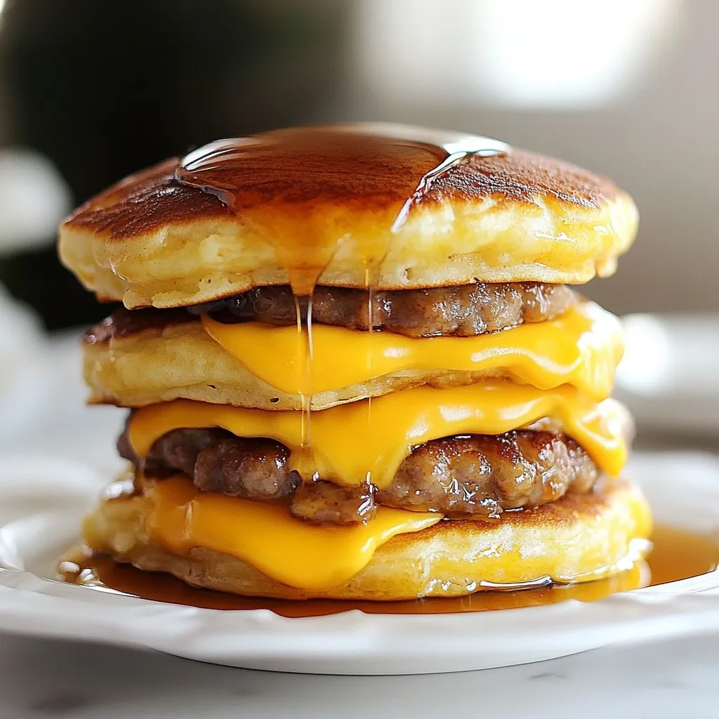 To make your Homemade McGriddles, gather these key ingredients: - 2 cups all-purpose flour - 2 tablespoons sugar - 1 tablespoon baking powder - 1/2 teaspoon baking soda - 1/2 teaspoon salt - 1 cup milk - 2 large eggs - 1/4 cup unsalted butter, melted - 1 teaspoon vanilla extract - 8 breakfast sausage patties - 4 slices cheddar cheese - Maple syrup for drizzling These ingredients create the perfect base for your tasty breakfast sandwich. You can customize your McGriddles to suit your taste. Here are some fun options: - Different cheeses like pepper jack or gouda - Turkey or veggie sausage for lighter choices - Blueberries or chocolate chips in the pancake batter - A sprinkle of cinnamon for a warm flavor Feel free to mix and match to find your favorite combo! To keep your McGriddles fresh and tasty, follow these tips: - Use fresh, high-quality ingredients for the best flavor. - Make sure your baking powder is fresh. Old baking powder can affect rise. - Store ingredients like flour in a cool, dry place to maintain freshness. - If you make extra, serve them right away or store them properly to keep them delicious. These small steps can elevate your homemade breakfast experience! {{ingredient_image_1}} Start by grabbing a large mixing bowl. In it, whisk together 2 cups of all-purpose flour, 2 tablespoons of sugar, 1 tablespoon of baking powder, 1/2 teaspoon of baking soda, and 1/2 teaspoon of salt. This mix is key for your pancakes. In another bowl, combine 1 cup of milk, 2 large eggs, 1/4 cup of melted unsalted butter, and 1 teaspoon of vanilla extract. Stir well until mixed. Next, pour the wet mix into the dry mix. Stir gently until just combined. Be careful not to overmix; a few lumps are okay. Now it’s time to cook the pancakes. Preheat a non-stick skillet or griddle over medium heat. Lightly grease it with butter or oil. Pour about 1/4 cup of batter for each pancake. Cook four pancakes at a time. Watch for bubbles forming on the surface, which takes about 2-3 minutes. Once the edges look set, flip the pancakes. Cook for another 1-2 minutes until golden brown. Remove them from the skillet and repeat with the rest of your batter. In the same skillet, add the breakfast sausage patties. Cook them for about 3-4 minutes per side until they are browned and cooked through. Now, let’s assemble your McGriddles. Place one pancake on a plate. Add a sausage patty on top, followed by a slice of cheddar cheese. Finish with another pancake on top. Drizzle with maple syrup before adding that final pancake. For extra sweetness, brush the pancakes lightly with syrup before stacking. Enjoy your homemade delight! To get fluffy pancakes, do not overmix the batter. Mix it until just combined. A few lumps are okay! This helps keep the pancakes light. Also, use a hot skillet. If it’s too cool, the pancakes will not puff up. When cooking sausage patties, use medium heat. This helps them cook evenly. Flip them when they are brown on one side. They need about 3-4 minutes per side. If you want extra flavor, add a dash of pepper or garlic powder. To drizzle maple syrup perfectly, use a spoon or a squeeze bottle. This gives you control over the amount. Drizzle just before serving for the best taste. For a fun twist, brush the syrup on the pancakes before stacking. This adds a sweet touch throughout! Pro Tips Use Fresh Ingredients: Always opt for fresh sausage and dairy products to enhance the flavor of your McGriddles. Perfect Pancake Size: Use a measuring cup to ensure uniform pancake sizes for even cooking and easy stacking. Customize Your Flavors: Feel free to add spices like cinnamon or nutmeg to the pancake batter for an extra flavor kick. Keep Everything Warm: As you cook, place finished pancakes in a warm oven to keep them hot while you prepare the rest. {{image_2}} You can mix up the cheese in your McGriddles to match your taste. Cheddar cheese is great, but try using pepper jack for a spicy kick. Swiss cheese adds a nice, creamy flavor. You could even use cream cheese for a rich, smooth filling. Just pick your favorite cheese, and it will make your breakfast special. While sausage patties are tasty, you can use other proteins too. Bacon is a fantastic choice for a smoky flavor. Turkey sausage or plant-based sausage offer lighter options. If you want something unique, try scrambled eggs or even a slice of ham. These swaps keep your McGriddles fresh and fun. Adding flavor to your pancakes makes them even better. You can mix in cinnamon or nutmeg for warmth. For a fruity twist, add mashed bananas or blueberries to the batter. A splash of almond extract gives a nice surprise. These flavors will make your homemade McGriddles stand out and taste amazing. To store leftover McGriddles, let them cool first. Then, place them in a clean, airtight container. Keep the container in the fridge for up to three days. Make sure to separate layers with parchment paper to prevent sticking. This keeps them fresh and tasty for later. You can freeze McGriddles for longer storage. Wrap each one in plastic wrap, then place them in a freezer bag. They can stay in the freezer for up to two months. When you’re ready to eat, thaw them in the fridge overnight. To reheat, pop them in the microwave for about one minute. You can also warm them in a toaster oven for a crispy finish. Use airtight containers for best results. Glass containers work well because they don’t retain odors. If you prefer plastic, choose BPA-free options. For freezing, heavy-duty freezer bags are great. They help prevent freezer burn and keep your McGriddles tasting fresh. Yes, you can make these pancakes gluten-free. Use a gluten-free flour blend. This blend usually works well in pancakes. Follow the same steps as in the regular recipe. The texture may change slightly, but they will still taste great. To keep your McGriddles warm, use an oven. Set it to low heat, around 200°F (93°C). Place the finished McGriddles on a baking sheet in the oven. Cover them with foil to retain heat. This way, your guests can enjoy warm McGriddles. Several sides pair nicely with McGriddles. Here are a few tasty options: - Fresh fruit salad - Crispy hash browns - Yogurt with granola - Scrambled eggs - Breakfast potatoes These sides add variety and color to your brunch table. You’ve learned about the key ingredients for making delicious McGriddles. We discussed how to prepare the batter and cook the pancakes and sausage patties. You can customize your dish with optional ingredients and explore fresh ideas for flavor and texture. Don’t forget storage tips for leftovers and how to keep your McGriddles warm. Enjoy experimenting with variations and sides. Now, go create your perfect homemade treat. You will love the result!