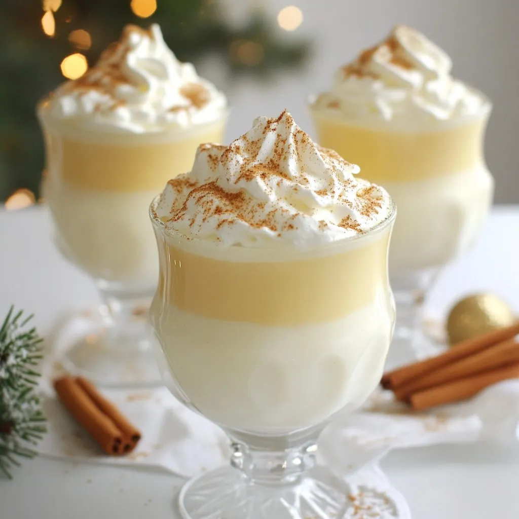 To make a delicious Vanilla Bean Eggnog Cocktail, gather these ingredients: - 4 large egg yolks - 1/2 cup granulated sugar - 2 cups milk - 1 cup heavy cream - 1 teaspoon pure vanilla extract - 1 vanilla bean, split and scraped - 1/4 teaspoon ground nutmeg - 1/4 teaspoon cinnamon - 1/2 teaspoon sea salt - Whipped cream for topping - Ground nutmeg and cinnamon for garnish For the best eggnog, use fresh ingredients. Here are some tips: - Choose organic eggs for rich flavor and color. - Use full-fat milk and cream for a creamy texture. - Select high-quality vanilla extract for the purest taste. - Fresh ground spices give a stronger flavor than pre-ground. - Find a fragrant vanilla bean; it should be plump and moist. If you need to make swaps, here are some ideas: - Use coconut milk for a dairy-free option. - Substitute sugar with honey or maple syrup for natural sweetness. - For a lighter drink, use low-fat milk instead of heavy cream. - Swap the vanilla bean for extra vanilla extract if needed. - If you're out of nutmeg, use allspice for a different flavor. {{ingredient_image_1}} First, gather all your ingredients. You will need: - 4 large egg yolks - 1/2 cup granulated sugar - 2 cups milk - 1 cup heavy cream - 1 teaspoon pure vanilla extract - 1 vanilla bean, split and scraped - 1/4 teaspoon ground nutmeg - 1/4 teaspoon cinnamon - 1/2 teaspoon sea salt - Whipped cream for topping - Ground nutmeg and cinnamon for garnish In a medium bowl, whisk together the egg yolks and sugar. Beat them until thick and pale, which should take about 2-3 minutes. This step is key. It helps create a rich and smooth texture. Next, take a saucepan. Over medium heat, combine the milk and heavy cream. Add the split vanilla bean, nutmeg, cinnamon, and sea salt. Stir occasionally. You want this mixture to get hot but not boil. This usually takes about 5-7 minutes. Once hot, slowly pour this milk mixture into the egg yolk mixture. Whisk continuously to avoid scrambling the eggs. After that, pour the combined mix back into the saucepan. Cook over low heat and stir constantly. You will know it's ready when it thickens enough to coat the back of a spoon, usually around 5-10 minutes. Be careful not to let it boil. Remove the saucepan from heat. Stir in the vanilla extract and discard the vanilla bean pod. Now, let the eggnog cool to room temperature. After it cools, refrigerate it for at least 2 hours, or until it is nice and chilled. To serve, gently stir the eggnog. Pour it into glasses and top with whipped cream. Finally, sprinkle some ground nutmeg and cinnamon on top for a festive touch. Enjoy your creamy treat! To make your eggnog rich and tasty, use fresh ingredients. Fresh egg yolks bring a nice creaminess. A good quality vanilla bean gives a deeper flavor. Scrape both the seeds and pod for the best taste. Don’t skip the nutmeg and cinnamon; they add warmth. Taste the mixture as you go. You can adjust the sweetness by adding more sugar if needed. The key to creamy eggnog is in the cooking. Cook the mixture on low heat. Stir constantly to avoid cooking the eggs too fast. You want it thick enough to coat the back of a spoon. If it’s too thin, keep cooking a bit longer. Let it cool before chilling. This helps it thicken more as it cools down. Garnishing can make your eggnog look festive. Top each glass with a dollop of whipped cream. Sprinkle ground nutmeg and cinnamon on top for flair. For extra fun, add a cinnamon stick or a split vanilla bean. These not only look nice but also add flavor as you sip. You can even add a few chocolate shavings for a sweet touch. Pro Tips Use Fresh Ingredients: For the best flavor, opt for fresh egg yolks and high-quality vanilla bean. This will enhance the overall taste of your eggnog. Chill Thoroughly: Allow the eggnog to chill for at least 2 hours before serving. This not only improves the flavor but also ensures a refreshing drink. Customize the Spice: Feel free to adjust the ground nutmeg and cinnamon according to your taste preferences. A touch more spice can elevate the festive flavor. Presentation Matters: Serve in festive glasses with a cinnamon stick or vanilla bean as a stirrer. This adds an elegant touch to your holiday gatherings. {{image_2}} You can make a delicious eggnog without alcohol. Just follow the main recipe but skip any spirits. The rich flavors from vanilla and spices still shine through. Use your favorite non-alcoholic drink to add a festive touch. A splash of flavored soda or sparkling water works well too. This option is perfect for kids or guests who prefer not to drink alcohol. You can create fun twists on classic eggnog. For a peppermint flavor, add a few drops of peppermint extract. This gives a refreshing kick. If you love chocolate, mix in some cocoa powder. Start with one tablespoon and adjust to taste. You can even add chocolate syrup for extra sweetness. These flavors can make your eggnog feel new and exciting. Some people prefer non-dairy drinks. You can use almond milk, coconut milk, or oat milk instead of regular milk and cream. These alternatives give a unique taste. Just make sure to choose unsweetened options to control the sweetness. Each kind will change the flavor slightly, so feel free to experiment. Enjoy your eggnog in a way that fits your diet! Store leftover eggnog in a clean glass jar or pitcher. Make sure to seal it well. It should stay fresh for up to three days in the fridge. Always give it a good stir before serving. This helps mix the flavors again. You can freeze eggnog if you want to save it longer. Pour it into airtight containers, leaving some space at the top. Liquid expands when frozen. Eggnog can last for about six months in the freezer. To use it, thaw in the fridge overnight. Stir well before serving. When reheating eggnog, do it slowly. Pour it into a saucepan and heat on low. Stir it often to avoid cooking the eggs again. Heat until warm but not boiling. This keeps the texture smooth and creamy. If you want, add fresh spices while reheating for extra flavor. You can use silken tofu or custard. Both options give a creamy texture. A quarter cup of silken tofu blends well. For custard, use a similar amount. These swaps work great in drinks, keeping the flavor smooth. Homemade eggnog stays fresh for about 3 to 5 days. Always keep it in the fridge. If you want to enjoy it longer, freeze it. Just remember to thaw in the fridge when you're ready to drink. Yes, store-bought eggnog is a quick option. If you use it, skip the egg yolks and sugar. Just heat the eggnog with spices, then add vanilla for extra flavor. This method saves time while still tasting great. This blog post covered key points for making great eggnog. We discussed the best ingredients, cooking steps, and helpful tips to enhance the flavor. You learned about ingredient substitutions, variations, and how to store leftovers safely. To make the best eggnog, focus on quality and creativity. Experiment with flavors and enjoy sharing your creation. You'll impress friends and family with your delicious eggnog skills!