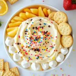 To make sugar cookie dip, you need the following: - 1 cup cream cheese, softened - ½ cup unsalted butter, softened - 1 cup powdered sugar - 1 teaspoon vanilla extract - 1 teaspoon almond extract - ¼ teaspoon salt - ½ cup all-purpose flour (heat-treated for safety) - 1 cup mini chocolate chips or sprinkles These simple ingredients come together to create a creamy and sweet dip that everyone will love. You can swap some ingredients based on your needs: - Use Greek yogurt instead of cream cheese for a lighter option. - If you have salted butter, just skip the added salt. - You can replace almond extract with more vanilla if you prefer. - For a gluten-free version, use a gluten-free flour blend. These adjustments keep the dip tasty while catering to various diets. To enjoy sugar cookie dip, you need dippers! Here are some great choices: - Sugar cookies - Graham crackers - Fresh fruit slices (like apples or strawberries) - Pretzels Feel free to mix and match. The sweet dip pairs well with crunchy and fruity options! {{ingredient_image_1}} To start, gather all your ingredients. You will need cream cheese, butter, powdered sugar, and a few flavorings. First, take a medium bowl. Add the softened cream cheese and butter. Use an electric mixer to beat them together. Mix until it looks smooth and creamy, about 2-3 minutes. Next, slowly add the powdered sugar. Start mixing on low speed. This helps keep the sugar from flying everywhere. Once it is combined, switch to medium speed. Keep mixing until it gets fluffy and light. Then, add the vanilla and almond extracts. Sprinkle in the salt. Mix everything until it blends well. Now it’s time for the flour. Make sure to heat-treat it first. This step helps keep the dip safe to eat. Slowly add the flour to the mix. Stir gently until it’s just combined. Be careful not to overmix, or the dip will become tough. Finally, fold in your mini chocolate chips or colorful sprinkles. Save some to use later as a garnish. For the best texture, use softened cream cheese and butter. This will help you mix everything easily. If they are too cold, the dip will be lumpy. Mixing on low speed at first helps you avoid a mess. Once it’s mostly mixed, you can increase the speed. Remember, when you add the flour, mix gently. Overmixing can change the dip’s texture. You want it to stay light and fluffy. Folding in the chocolate chips or sprinkles should be done carefully too. This keeps them whole and pretty. Once your dip is ready, it’s time to serve! Transfer it to a nice serving bowl. Use a spatula to create a fun swirled design on top. This makes it look more inviting. Now, sprinkle the reserved chocolate chips or sprinkles on top for extra flair. Chill the dip in the fridge for about 15-20 minutes. This makes it cooler and tastier. When you serve it, offer a platter of dippers. Fresh fruit, sugar cookies, graham crackers, and pretzels make great choices. This dip will be a hit at any gathering! To get a creamy texture, make sure your cream cheese and butter are soft. Leave them out at room temperature for about 30 minutes. Use an electric mixer to blend them until smooth. This step is key! When you add the powdered sugar, start on low speed. Gradually increase it to avoid a sugary cloud. Mix until it's fluffy and light. Be careful not to overmix once you add the flour. Stir just until combined. One common mistake is not softening the cream cheese and butter. If they are cold, your dip will not mix well. Another mistake is adding the flour too fast. Always add it slowly. Overmixing can make your dip dense instead of fluffy. Lastly, don’t forget to heat-treat the flour. This step keeps the dip safe to eat. To boost the flavor, try adding more vanilla or almond extract. You can also use flavored extracts like coconut or lemon for a twist. For a visual pop, top the dip with extra mini chocolate chips or colorful sprinkles. When serving, arrange the dippers in a fun and colorful way. This makes your dessert not only tasty but also eye-catching! Pro Tips Use Room Temperature Ingredients: Ensure your cream cheese and butter are at room temperature for a smooth and creamy dip. This helps to avoid lumps and ensures easy mixing. Heat-Treat Your Flour: To eliminate any potential bacteria, heat-treat your all-purpose flour by spreading it on a baking sheet and baking at 350°F (175°C) for 5-7 minutes before adding it to the dip. Customize Your Mix-ins: Feel free to add your favorite mix-ins like crushed cookies, chopped nuts, or different types of chocolate chips to personalize your dip. Chill for Best Flavor: Allow the dip to chill in the refrigerator for at least 15-20 minutes before serving. This helps the flavors meld together and enhances the overall taste. {{image_2}} You can change the flavor of your sugar cookie dip easily. For a chocolate twist, add 1/4 cup of cocoa powder. This gives a rich, chocolatey taste. You can also mix in 1/2 cup of peanut butter for a nutty flavor. Both options taste amazing with the cream cheese base. If you want a healthier dip, swap out the powdered sugar. Use a sugar substitute like stevia or monk fruit. You can make a vegan version too. Replace cream cheese with vegan cream cheese and use coconut butter instead of regular butter. This way, everyone can enjoy it! Make your dip festive by adding seasonal flavors. In winter, try adding peppermint extract for a minty taste. For fall, mix in pumpkin spice or cinnamon. You can also top the dip with colorful sprinkles to match holidays or seasons. This makes your dip not just tasty, but fun to look at too! To keep your sugar cookie dip fresh, store it in an airtight container. This helps prevent it from drying out or absorbing other smells in the fridge. If you have leftovers, always cover the container tightly. You can also use plastic wrap directly on the dip's surface for extra protection. When stored properly, sugar cookie dip lasts about 3 to 5 days in the fridge. If you notice any change in smell or texture, it’s best to throw it away. Always check for signs of spoilage before enjoying your dip again. You can freeze sugar cookie dip for longer storage. Place it in a freezer-safe container and seal it well. It can last up to 2 months in the freezer. When you’re ready to enjoy it, thaw it in the fridge overnight. Stir it well before serving to bring back its creamy texture. Sugar cookie dip lasts about 3 to 5 days in the fridge. Store it in an airtight container. This keeps it fresh and safe to eat. The cold helps the flavors blend together even more. Just remember to check for any changes in texture or smell before serving. Yes, you can make sugar cookie dip ahead of time. This dip tastes great when chilled. I suggest making it a day before your event. Just store it in the fridge until you are ready to serve. This makes it easy for parties or gatherings. The best dippers include sugar cookies, graham crackers, and pretzels. Fresh fruit slices like apples and strawberries also work well. They add a nice crunch and flavor. You can even use mini cookies for extra fun. Mix and match to find your favorite combination! You learned about the key ingredients and their swaps for sugar cookie dip. We covered step-by-step instructions and tips for the best texture. I shared variations to add flavor and fun for any season. Lastly, you now know how to store your dip for longer use. Enjoy making this treat. It's simple and brings joy to any gathering. Share it with friends and family for a sweet experience!