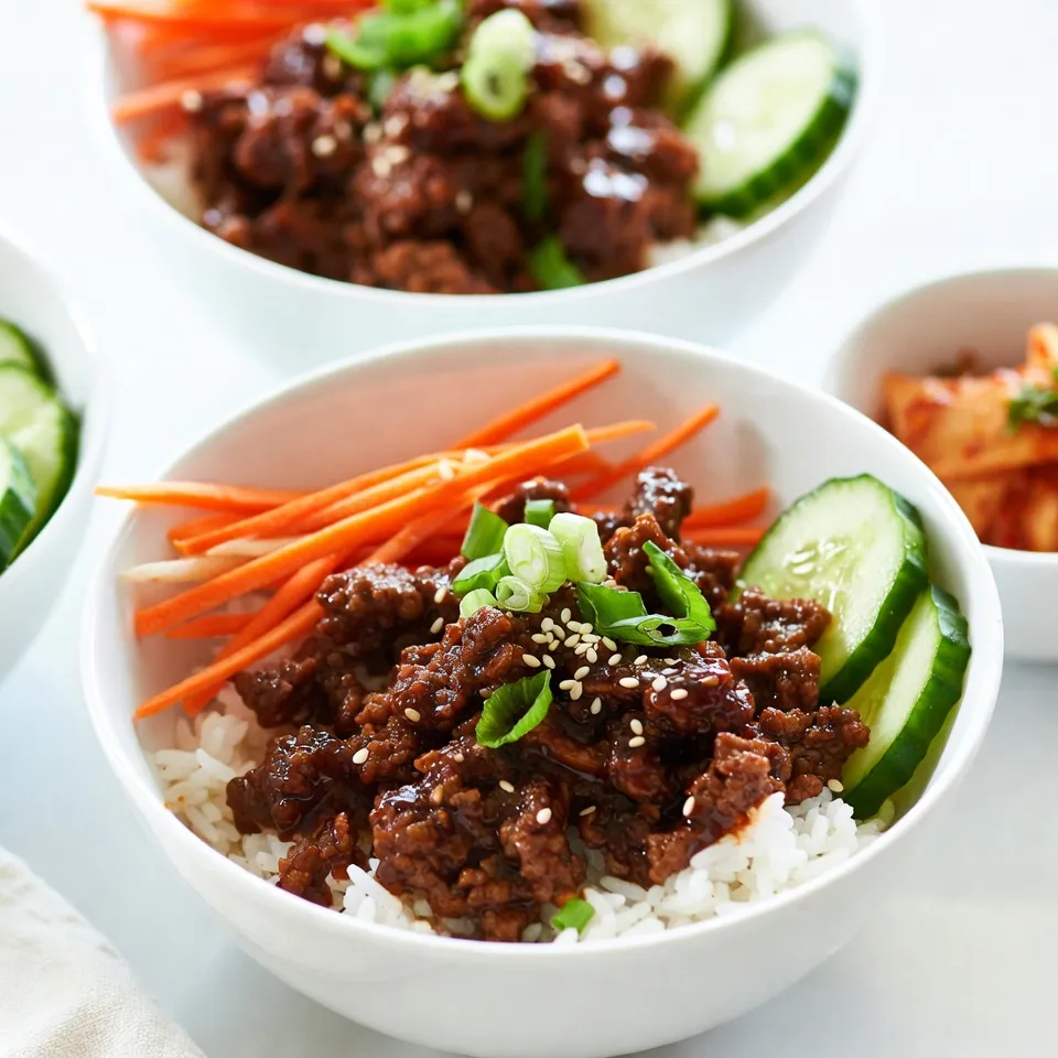 - Ground beef: 1 lb - Marinade components: - 3 tablespoons soy sauce - 1 tablespoon sesame oil - 2 tablespoons brown sugar - 4 cloves garlic, minced - 1 tablespoon ginger, minced - 1 tablespoon gochujang (Korean chili paste) - 1/2 teaspoon black pepper - Toppings: - 2 green onions, sliced - 1 cup cooked rice (white or brown) - 1 carrot, julienned - 1 cucumber, thinly sliced - Sesame seeds for garnish - Optional: kimchi for serving In this recipe, you need fresh and tasty ingredients. The ground beef is the star. It brings flavor and protein. The marinade adds depth and spice. Soy sauce gives umami. Sesame oil brings nuttiness. Brown sugar balances the heat. Garlic and ginger add a punch. Gochujang gives a nice kick. For toppings, green onions add a fresh bite. Carrots bring crunch and color. Cucumbers cool down the dish. Sesame seeds finish it off with a nice crunch. Rice serves as a great base. You can use white or brown rice. It soaks up all the sauce. For those who love kimchi, add it for extra flavor. It pairs perfectly with the beef. Gather all these ingredients for a quick and tasty meal. The mix of flavors and textures makes this dish special. Each bite is a little adventure in your mouth. {{ingredient_image_1}} - Combine: - 3 tablespoons soy sauce - 1 tablespoon sesame oil - 2 tablespoons brown sugar - 4 cloves garlic, minced - 1 tablespoon ginger, minced - 1 tablespoon gochujang - 1/2 teaspoon black pepper - Whisk until smooth and well combined. This mix gives the beef flavor. - Brown 1 pound of ground beef in a skillet over medium-high heat. - Cook for about 5-7 minutes, breaking it apart as it cooks. - Drain excess fat. Add the marinade to the beef. Stir well to coat the beef. - Let it simmer for 2-3 minutes until the sauce thickens slightly. - Prepare 1 cup of rice according to package instructions. - Start with a base of cooked rice in bowls. - Spoon the Korean ground beef over the rice. - Top with: - Julienned carrots - Thinly sliced cucumber - Sliced green onions - Sprinkle sesame seeds on top for crunch. - Serve immediately, with kimchi on the side if you like. For the best ground beef texture, use fresh beef. Choose ground beef with a good fat content, around 80/20. This fat keeps the meat juicy. Cook it on medium-high heat. Break it apart as it cooks. This helps to brown the beef evenly. To prevent soggy toppings, serve the beef hot. Add toppings right before serving. For extra crunch, keep the veggies cold. This way, each bite stays fresh and crisp. Pair your Korean ground beef bowls with simple sides. Steamed broccoli or a light salad works great. For drinks, try iced tea or a light beer. These drinks balance the savory flavors. Serving with kimchi adds a nice kick. Kimchi brings a tangy taste. It also adds crunch and spice. This creates a well-rounded meal. Plus, kimchi is healthy and full of probiotics. For gluten-free options, switch soy sauce for tamari. Tamari tastes similar and is gluten-free. You can also use coconut aminos as a substitute. This option is sweeter and less salty. If you want a vegetarian or vegan dish, swap the beef for crumbled tofu or tempeh. Cook it the same way. Use the marinade to add flavor. This keeps the dish tasty and gives you a plant-based option. Pro Tips Use Fresh Ingredients: Always opt for fresh garlic and ginger for a more vibrant flavor in your Korean ground beef bowls. Adjust Spice Level: If you prefer a milder dish, reduce the amount of gochujang or add a touch of honey to balance the heat. Customize Your Toppings: Feel free to add other vegetables like bell peppers or radishes to enhance the freshness and color of your bowls. Marinate for More Flavor: For an even richer taste, marinate the ground beef for at least 30 minutes before cooking. {{image_2}} You can swap out the ground beef for other proteins. Chicken, turkey, and tofu all work well. Each option brings a new taste to the bowl. Adjust the cooking time based on what protein you choose. For chicken or turkey, cook until it reaches 165°F. For tofu, sauté until golden brown. These changes can keep your meals exciting. Adding vegetables or spices will boost flavor. Try bell peppers, broccoli, or snap peas for extra crunch. You can also add spices like chili flakes or sesame seeds for a different kick. Experimenting with sauces can change the dish completely. Use teriyaki, sriracha, or even a peanut sauce to create your own twist. Transform this dish into a burrito bowl for a fun twist. Use a tortilla instead of rice, and load it with beef and toppings. You can also make a salad bowl. Start with mixed greens as the base, then add the beef, veggies, and a light dressing. These bowl styles keep meals fresh and fun, perfect for any night! To store your leftovers, let them cool first. Place the beef and rice in separate containers. This helps keep each ingredient fresh. Use airtight containers to avoid spills or odors. Your dish will stay fresh in the fridge for about three days. After that, the taste and texture may change. Freezing is easy. First, cool the ground beef and rice completely. Then, divide them into portions. Use freezer-safe bags or containers. Remove as much air as possible. Label with the date for easy tracking. To thaw, move the beef and rice to the fridge overnight. Reheat in a skillet or microwave until hot. Batch cooking is a great way to save time. You can make a big batch of the beef and rice. Store them in separate containers. This keeps the rice fluffy and the beef tasty. Add fresh toppings like carrots and cucumbers just before eating. This makes your meal bright and crunchy every time. Gochujang is a red chili paste from Korea. It has a sweet and spicy flavor. The paste adds depth to many dishes, especially Korean recipes. You can find gochujang in Asian markets or grocery stores. Look in the international aisle near soy sauce. Many online retailers also sell it. Yes, you can prep Korean ground beef bowls ahead of time. Cook the beef and store it in the fridge for up to three days. You can also cook the rice in advance. Keep the rice in an airtight container. This way, it stays fresh and ready to use. To reduce spice, you can use less gochujang in the marinade. Start with half a tablespoon and taste it. If it is still too spicy, you can add more brown sugar. This will balance the heat. For a non-spicy version, skip gochujang and use a bit of soy sauce instead. This gives flavor without the heat. This bowl recipe offers delicious flavors and easy customization. You start with beef marinated in a mix of soy sauce, garlic, and gochujang. Layer it over rice with fresh toppings like green onions and carrots. You can even swap proteins or adjust spices for personal taste. Don’t forget about storage tips for leftovers. Enjoy experimenting and making this dish your own!