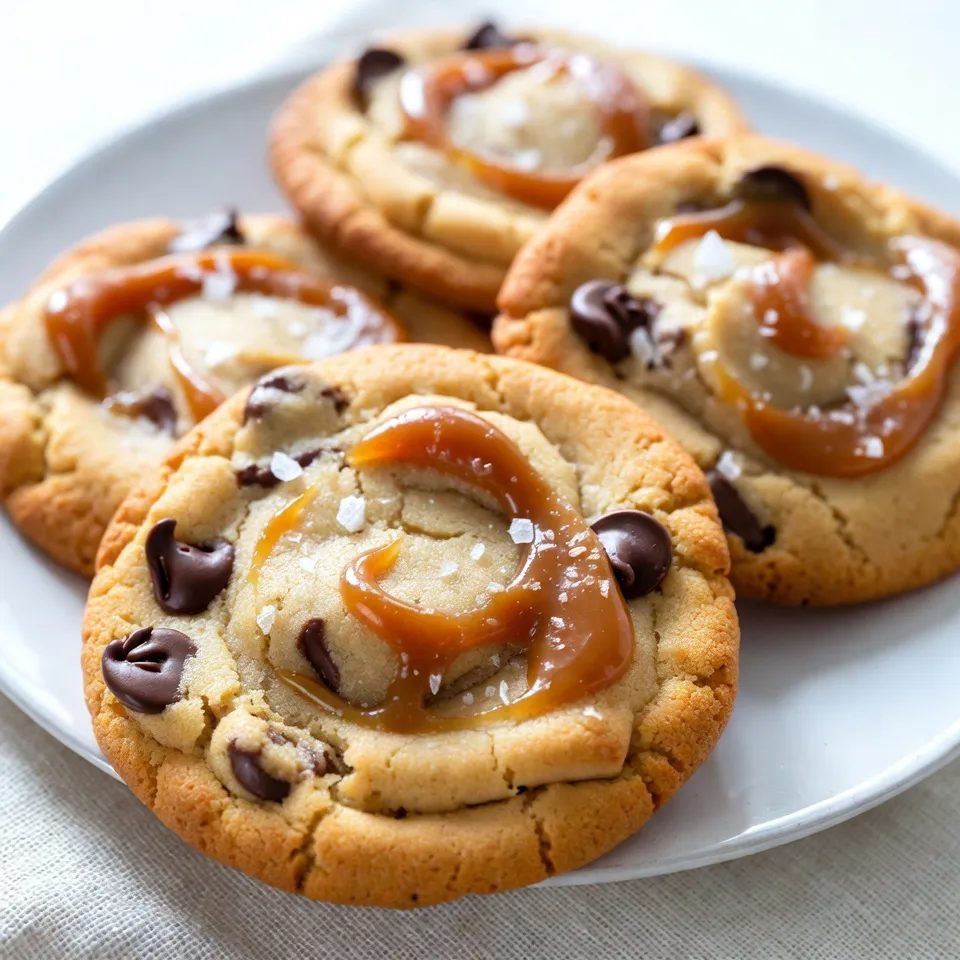 For these cookies, I use 1 cup of cream cheese and 1/2 cup of unsalted butter. Both should be softened to room temperature. This helps them mix easily and creates a creamy texture in the dough. Next, I mix in 1/2 cup of granulated sugar and 1/2 cup of brown sugar. The brown sugar gives a rich flavor. I also add 1 large egg and 1 teaspoon of vanilla extract. This adds moisture and sweetness. In a separate bowl, I combine 1 1/2 cups of all-purpose flour, 1/2 teaspoon of baking soda, and 1/4 teaspoon of salt. The flour is the base of the cookie, while baking soda helps them rise. The salt balances the sweetness. Finally, I fold in 1/2 cup of caramel sauce. You can use store-bought or make it at home. If you want, add 1/2 cup of chocolate chips for extra flavor. Before baking, sprinkle some sea salt on top for a delightful finish. {{ingredient_image_1}} Start by preheating your oven to 350°F (175°C). Line a baking sheet with parchment paper. In a big bowl, beat together the softened cream cheese and unsalted butter. Mix until creamy and smooth. Then, add granulated sugar and brown sugar. Mix again until it becomes fluffy. Next, crack one large egg into the bowl. Add a teaspoon of vanilla extract and beat until it’s all mixed well. Now, grab another bowl for the dry ingredients. Combine 1 1/2 cups of all-purpose flour, 1/2 teaspoon of baking soda, and 1/4 teaspoon of salt. Mix them together. Slowly add this dry mix to the wet ingredients. Stir until just combined. Make sure not to overmix. Then, fold in 1/2 cup of caramel sauce. This will give your cookies that rich flavor. If you want, mix in 1/2 cup of chocolate chips for extra sweetness. Using a cookie scoop, drop heaping tablespoons of dough onto the baking sheet. Space them about 2 inches apart. This helps them spread evenly. Bake in the preheated oven for about 10-12 minutes. Look for lightly golden edges. When they are done, take them out of the oven. As soon as the cookies are out, sprinkle a pinch of sea salt on top of each one. This adds a nice salty contrast to the sweet caramel. Let the cookies cool on the baking sheet for about 5 minutes. Then, transfer them to a wire rack to cool completely. Enjoy these salted caramel cheesecake cookies fresh and warm! To get the right texture in your cookies, focus on the cream cheese and butter. Make sure both are soft. This helps create a smooth and creamy base. When you mix them, you want a fluffy mixture. Beat them well until they blend perfectly. This step adds air, which gives your cookies a nice lift. Also, don’t over-mix the flour. Mix just until combined for soft, chewy cookies. High-quality ingredients make a big difference in flavor. Use real cream cheese and fresh butter. They add richness that makes your cookies special. Choose pure vanilla extract instead of imitation for a better taste. Opt for natural sugars, too. Brown sugar adds moisture and depth, while granulated sugar gives the right sweetness. Don’t forget about the caramel sauce; using homemade can elevate your cookies greatly. Sea salt is your secret weapon for flavor. It balances the sweetness of the cookies. After baking, sprinkle a pinch of sea salt on top. This creates a delightful contrast with the caramel. The salt enhances the overall taste, making each bite even more delicious. For a little extra flavor, you can mix some sea salt into the dough as well. This adds a subtle salty note that complements the sweet caramel perfectly. Pro Tips Use Room Temperature Ingredients: Ensure your cream cheese and butter are at room temperature for a smoother batter. This helps create a creamy texture in your cookies. Swirl the Caramel: When adding caramel sauce, swirl it into the dough instead of mixing it completely. This creates beautiful caramel pockets in the cookies! Don’t Overbake: Keep an eye on the cookies while baking. They should be lightly golden at the edges but still soft in the center for the best texture. Experiment with Toppings: Try adding chopped nuts or a sprinkle of flaky sea salt on top before baking for an added crunch and flavor contrast. {{image_2}} You can change up the flavors in your cookies! Here are some ideas: - Nuts: Add 1/2 cup of chopped nuts like pecans or walnuts for crunch. - Dried fruit: Try adding dried cranberries or cherries for a sweet twist. - Spices: A pinch of cinnamon or nutmeg can add warmth to the flavor. - Chocolate: Use white chocolate chips instead of dark for a different taste. If you need a substitute, use cream cheese spread instead of block cream cheese. It will still give a nice creamy texture. You can also swap unsalted butter for coconut oil for a dairy-free option. Making gluten-free cookies is easy. Just follow these steps: - Replace all-purpose flour with a gluten-free flour blend. - Make sure your baking soda is gluten-free. - Check labels on your caramel sauce to confirm it's gluten-free. These small changes let everyone enjoy these treats, even those with gluten sensitivities. Want to add a special touch? Here are a few flavor ideas: - Coffee: Mix in 1 tablespoon of instant coffee for a mocha flavor. - Mint: Add a few drops of peppermint extract for a fresh twist. - Orange zest: Grate some orange peel into the dough for a citrus kick. These infusions can make your cookies even more exciting and delicious! To keep your salted caramel cheesecake cookies fresh, store them in an airtight container. This helps prevent them from getting dry. I suggest placing a piece of bread in the container. This keeps the cookies soft for longer. If you follow this method, they stay fresh for about one week. Freezing these cookies is simple. First, let them cool completely. Then, place them in a single layer on a baking sheet. Freeze them for about two hours. Once frozen, transfer the cookies to a freezer bag. Be sure to remove as much air as possible. They last up to three months in the freezer. To enjoy warm cookies, reheat them in the oven. Preheat your oven to 350°F (175°C). Place the cookies on a baking sheet and warm them for about 5 to 7 minutes. This makes them soft and gooey again. You can also use a microwave. Heat each cookie for about 10 to 15 seconds. Yes, you can use mascarpone cheese. It gives a creamy texture and rich taste. Cream cheese is best for this recipe, but mascarpone works well too. To make caramel sauce, you need sugar and water. Heat 1 cup of sugar and 1/4 cup of water in a pan. Stir until the sugar dissolves. Cook without stirring until it turns golden. Remove from heat and add 1/2 cup of heavy cream. Stir until smooth. Let it cool before using. Cookies spread too much if the butter is too warm or if there's too much sugar. Make sure your butter is softened but not melted. Also, check your flour measurements. Too little flour can cause spreading. You can prepare the dough in advance. Scoop the dough onto a baking sheet and freeze the balls. Once frozen, store them in a bag. Bake them when you're ready, adding a few minutes to the baking time. Serve these cookies with milk, coffee, or tea. A scoop of vanilla ice cream pairs nicely too. You can also drizzle extra caramel sauce on top for a sweet touch. This blog post covered everything you need to know about making amazing cookies. We talked about the key ingredients like cream cheese and chocolate. I shared step-by-step instructions to ensure your baking goes smoothly. I also included tips for a perfect texture and tasty variations. Finally, you learned how to store and reheat your cookies. With this knowledge, you can create cookies that are both delicious and fun to eat. Enjoy your baking journey!