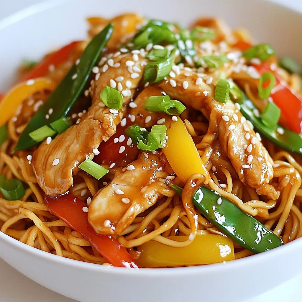 - Chicken and Marinade Components - 2 boneless, skinless chicken breasts, thinly sliced - 2 tablespoons soy sauce - 1 tablespoon oyster sauce - 1 tablespoon sesame oil - 2 teaspoons cornstarch - Vegetable Add-ins - 1 cup bean sprouts - 1 cup shredded carrots - 1 bell pepper, sliced (red or yellow) - 1 cup snow peas, trimmed - 3 green onions, sliced - 3 cloves garlic, minced - 1 teaspoon ginger, grated - Chow Mein Noodles and Sauces - 4 cups cooked chow mein noodles - 1 tablespoon fresh lime juice - Salt and pepper to taste - Optional garnish: fresh cilantro or sesame seeds Gathering fresh ingredients is key to a great Chicken Chow Mein. The chicken gives it a nice protein boost. The marinade adds depth and flavor, making the dish shine. Fresh vegetables keep the meal bright and crunchy. The chow mein noodles are the heart of this dish, bringing everything together. The sauces add that unique taste we all love. {{ingredient_image_1}} To make Chicken Chow Mein tasty, start by marinating the chicken. In a bowl, mix sliced chicken with one tablespoon of soy sauce, sesame oil, and cornstarch. This mixture helps the chicken stay tender and adds flavor. You should let it marinate for 15 to 20 minutes. This time lets the chicken soak up the flavors well. Next, heat one tablespoon of vegetable oil in a large skillet or wok on medium-high heat. Once hot, add the marinated chicken. Stir-fry it for about 5 to 7 minutes. You want it to be fully cooked and slightly browned. Make sure you stir often. After cooking, remove the chicken from the pan and set it aside. Now itβs time for the vegetables! In the same skillet, add the other tablespoon of oil. Toss in minced garlic and grated ginger first. Stir-fry for about 30 seconds until you smell a nice aroma. Then, add the bell pepper, shredded carrots, snow peas, and bean sprouts. Stir-fry these for about 3 to 4 minutes. You want them to be tender-crisp, which means they should still have a little crunch. Return the cooked chicken to the pan. Pour in the remaining soy sauce, oyster sauce, and fresh lime juice. Then, add the cooked chow mein noodles. Toss everything together until well mixed. Make sure the noodles are evenly coated with the sauces. Cook for an extra 2 to 3 minutes to heat everything through. Finally, season with salt and pepper to taste. Using a wok for Chicken Chow Mein is key. Here are some best practices: - Heat it up: Preheat your wok until itβs hot. This helps sear your chicken and veggies. - Donβt overcrowd: Cook in batches to avoid steaming. This keeps everything crisp. - Use high smoke point oil: Vegetable or peanut oil works best. It can handle high heat without burning. To avoid mushy vegetables, follow these tips: - Cut evenly: Chop your vegetables into similar sizes. This helps them cook at the same rate. - Quick stir-fry: Cook vegetables for just a few minutes. You want them tender but crisp. - Add veggies in order: Start with denser ones like carrots. Add lighter ones like bean sprouts last. Adjust the seasoning for your taste. Here are some suggestions: - Add spice: A pinch of red pepper flakes can boost the heat. - Fresh herbs: Try adding fresh basil or cilantro for extra flavor. - Citrus zing: A splash of lime juice adds brightness to your dish. For heat levels, keep these tips in mind: - Adjust heat for noodles: Lower the heat when tossing in cooked noodles. This prevents burning. - Medium-high for veggies: Stir-fry at medium-high heat for that perfect sear. - Control chicken cooking: Start high, then lower to cook through without drying out. Pro Tips Marinate for Flavor: Allow the chicken to marinate for at least 20 minutes. This enhances the flavor and tenderness of the meat. High Heat is Key: Stir-frying requires high heat to achieve that perfect sear on the chicken and vegetables, ensuring they are cooked quickly and remain crisp. Veggie Variety: Feel free to add or substitute your favorite vegetables like broccoli, mushrooms, or bok choy for more flavor and nutrition. Finish with Freshness: Adding lime juice at the end brightens the dish and enhances the overall flavor profile, so donβt skip this step! {{image_2}} You can switch out chicken for many proteins. Shrimp, beef, or tofu work well. For a lighter dish, try using sliced turkey breast. If you want a vegetarian option, use firm tofu or tempeh. Both soak up flavors nicely. You can also use chickpeas for a plant-based protein. They add a nice texture. Seasonal veggies can spice up your chow mein. Use broccoli, zucchini, or bell peppers. If you love greens, add spinach or bok choy. These choices boost nutrition and flavor. For a crunch, toss in water chestnuts or bamboo shoots. They add a fun bite to the dish. You can customize the sauce to fit your taste. If you like spice, add chili paste or sriracha. For a sweeter touch, try honey or brown sugar. If gluten is a concern, use tamari instead of soy sauce. Looking for low-sodium options? Use low-sodium soy sauce. Adjust the flavors to create your perfect blend. To keep your chicken chow mein fresh, store it in an airtight container. This helps lock in flavor and moisture. Let it cool down to room temperature before sealing it. Place the container in the fridge. Your dish can stay fresh for about 3 to 4 days. If you want to keep it longer, consider freezing it. In the freezer, it lasts up to 2 months. Just remember to label the container with the date. When reheating, use a skillet for the best texture. Add a splash of water to create steam. This helps the noodles and veggies stay moist. Heat on medium until warm, stirring often. Avoid the microwave if you can. It can make your dish soggy. If you must use it, cover the bowl loosely. This prevents excess moisture build-up. Enjoy your chow mein as if it were fresh! To cook chow mein noodles, boil water in a pot. Add the noodles and cook for about 3-5 minutes until they are tender. Drain and rinse them with cold water to stop the cooking process. Using pre-cooked noodles makes it easier to stir-fry. They heat quickly and blend well with other ingredients. Yes, you can prepare Chicken Chow Mein ahead of time. Cook the chicken and vegetables, then store them in the fridge for up to three days. If you freeze it, use it within a month. However, freezing may affect the taste and texture of the veggies. Fresh is always best for crunch. Chicken Chow Mein pairs well with several side dishes. Try serving it with spring rolls or dumplings for a tasty touch. A light soup can also complement the meal. For drinks, serve it with green tea or a light beer. These options create a balanced and flavorful dining experience. This blog post covered how to make Chicken Chow Mein, highlighting key ingredients and cooking steps. We explored marinating chicken, stir-frying perfect veggies, and mixing flavors. I shared tips for cooking techniques and flavor boosts to enhance your meal. You can also adapt this dish with protein and vegetable swaps. Proper storage and reheating methods keep leftovers fresh. Now, with these insights, you can create a delicious Chicken Chow Mein tailored to your taste. Enjoy cooking and experimenting in your kitchen!