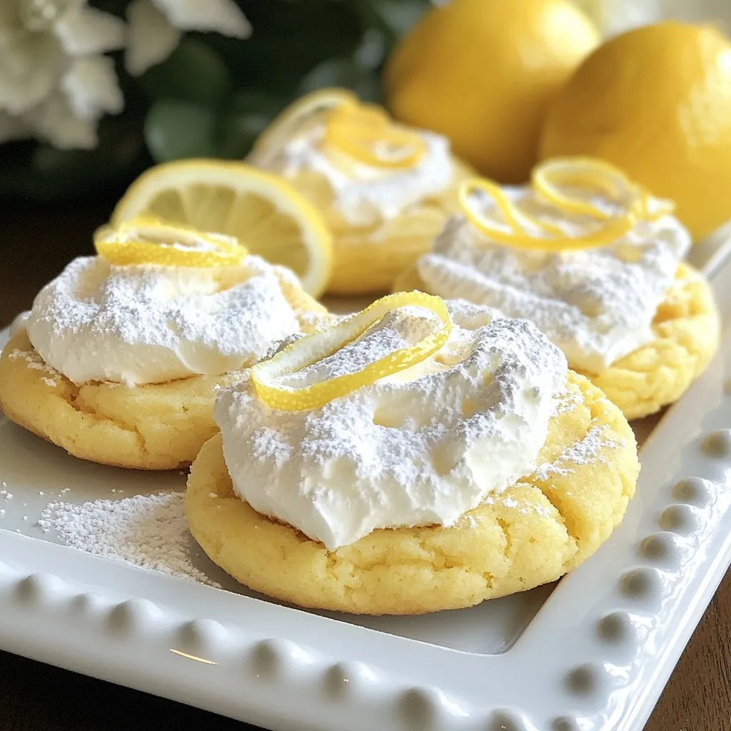 To make Lemon Cool Whip Cookies, you need these simple ingredients: - 1 cup all-purpose flour - 1/2 cup powdered sugar - 1/2 teaspoon baking powder - 1/4 teaspoon salt - 1/2 cup lemon Cool Whip (thawed) - 1/4 cup lemon juice (freshly squeezed) - Zest of 1 lemon - 1/2 teaspoon vanilla extract - Extra powdered sugar for dusting Using fresh ingredients is key to great flavor. Fresh lemon juice and zest make the cookies bright and zesty. They add a clean taste that dried or bottled options can’t match. Fresh Cool Whip also helps create the right texture. It keeps the cookies light and fluffy. Always choose the best ingredients for the best results. If you have allergies, you can still make these cookies! For gluten-free cookies, use a gluten-free flour blend. Instead of Cool Whip, try a dairy-free whipped topping for a vegan option. You can also replace lemon juice with orange juice if you prefer a different flavor. Keep in mind that these swaps may change the final taste and texture slightly. {{ingredient_image_1}} Start by preheating your oven to 350°F (175°C). This step is key to getting your cookies just right. Next, grab a baking sheet and line it with parchment paper. This helps prevent sticking and makes cleanup easy. Make sure the paper covers the whole sheet. In a medium bowl, whisk together the dry ingredients. You will need 1 cup of all-purpose flour, 1/2 cup of powdered sugar, 1/2 teaspoon of baking powder, and 1/4 teaspoon of salt. Whisk until everything blends well. This mix gives your cookies a great base. Now, move to a large mixing bowl. Here, combine the wet ingredients. Start with 1/2 cup of thawed lemon Cool Whip. Add 1/4 cup of freshly squeezed lemon juice, the zest of 1 lemon, and 1/2 teaspoon of vanilla extract. Mix gently until combined. This creates a light and fluffy batter. Gradually add the dry mix to the wet mix. Use a spatula to stir until a sticky dough forms. Don't worry if it feels sticky; that's normal! Using a cookie scoop or a tablespoon, drop dollops of dough onto the baking sheet. Space them about 2 inches apart. If you like, sprinkle some extra powdered sugar on top. Bake your cookies for about 10-12 minutes. Look for slightly golden edges. The centers will look soft but will firm up as they cool. Let them cool on the baking sheet for 5 minutes before moving them to a wire rack. This cooling time helps them set perfectly. Enjoy the sweet lemon scent as they bake! To get the best texture for your Lemon Cool Whip Cookies, focus on the dough. It should feel soft and sticky. If your dough seems too dry, add a bit more lemon Cool Whip. This will help keep your cookies moist and chewy. Bake them until the edges are just golden. The centers might look soft, but they will firm up as they cool. If you have leftover cookies, store them in an airtight container. This keeps them fresh for longer. Place a piece of parchment paper between layers to avoid sticking. You can also refrigerate them for extra freshness. Just remember to let them come to room temperature before enjoying. To boost the lemon flavor, use fresh lemon juice and zest. Fresh ingredients make a big difference. You can even add a bit more zest if you want a stronger taste. A pinch of lemon extract can also add depth to the flavor. Experiment to find your perfect lemon balance! Pro Tips Chill the Dough: For an even better texture, chill the cookie dough for 30 minutes before baking. This helps the cookies maintain their shape and results in a softer center. Use Fresh Ingredients: Always opt for freshly squeezed lemon juice and fresh zest for the best flavor. Bottled lemon juice lacks the brightness and aroma of fresh lemons. Monitor Baking Time: Keep an eye on your cookies as they bake. They can go from perfectly baked to overdone very quickly, especially since they may look soft in the center when done. Experiment with Flavor: Feel free to add a pinch of lemon extract or a handful of white chocolate chips for an extra layer of flavor and sweetness! {{image_2}} You can change the flavor by using other citrus zests. Try orange or lime zest. Each adds a unique taste to the cookies. They will still be light and fluffy. Experiment with different zests for fun new flavors. A mix of zests can also work well together. This way, you make the cookies your own. Adding mix-ins is a great way to enhance your cookies. White chocolate chips pair well with lemon's zest. You can add up to half a cup of chips. Other options include nuts or dried fruit. These add texture and flavor to each bite. Feel free to get creative with your mix-ins! If you need a gluten-free option, it's easy to swap. Use a gluten-free flour blend instead of all-purpose flour. Make sure the blend works for baking. The cookies will still taste great! You can also check for gluten-free Cool Whip. This way, everyone can enjoy these tasty treats. To keep your Lemon Cool Whip Cookies fresh, store them in an airtight container. Place parchment paper between layers to prevent sticking. You can keep them at room temperature for up to three days. If you want to keep them longer, refrigeration is a good option. Just remember to bring them back to room temperature before serving for the best taste. You can freeze these cookies for future treats. First, let the cookies cool completely. Then, place them in a single layer on a baking sheet. Freeze them for about an hour until firm. After that, transfer the cookies to a freezer-safe bag or container. They will stay fresh for up to three months. When you want to eat them, thaw them in the fridge or at room temperature. When stored properly, Lemon Cool Whip Cookies stay tasty for about three days at room temperature. If kept in the fridge, they can last for about a week. In the freezer, they maintain their flavor for up to three months. Always check for signs of spoilage before enjoying your cookies. No, you cannot use regular whipped cream. Cool Whip has a unique texture. It is lighter and fluffier than regular whipped cream. This helps create soft, airy cookies. If you want to try it, the cookies may not turn out the same. Stick with lemon Cool Whip for the best results. Look for the edges of the cookies. They should be slightly golden. The centers may still look soft. This is normal! They will firm up as they cool. Set a timer for 10-12 minutes. Check them around the 10-minute mark to avoid overbaking. These cookies pair well with tea or lemonade. You can also serve them with fresh fruit. Sliced strawberries or blueberries add color and flavor. For a fun twist, try serving them with vanilla ice cream. The soft, tart cookie goes great with creamy ice cream. Yes! To make these cookies vegan, replace Cool Whip with a plant-based whipped topping. Use a dairy-free lemon juice. You can also swap the egg with a flaxseed egg. Mix one tablespoon of ground flaxseed with three tablespoons of water. Let it sit for a few minutes to thicken. This will help bind the cookies together. Understanding the key ingredients, step-by-step instructions, and helpful tips make cookie baking easier. Fresh ingredients boost flavor, while smart substitutions ensure allergy safety. Experiment with flavors and mix-ins for unique cookies. Remember to store them well for lasting freshness. Whether you stick to the classic or try a variation, these cookies are sure to please. Happy baking!