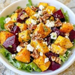 - Beets and Sweet Potatoes - 2 medium beets, peeled and cubed - 1 large sweet potato, peeled and cubed - Dressing Components - 1/4 cup Greek yogurt - 1 tablespoon lemon juice - 1 teaspoon honey - 1 clove garlic, minced - Salt and pepper, to taste - Salad Greens and Other Toppings - 2 tablespoons olive oil - 4 cups mixed salad greens (arugula, spinach, and romaine) - 1/2 cup crumbled feta cheese - 1/4 cup walnuts, roughly chopped These ingredients come together to create a vibrant salad. The beets and sweet potatoes add color and sweetness. Roasting them brings out their natural flavors and gives a nice texture. The mixed greens provide a fresh crunch, while the feta cheese adds a creamy saltiness. The dressing is simple but flavorful. Greek yogurt makes it rich and creamy. Lemon juice adds brightness, and honey balances the tartness. Garlic gives it a savory kick. Gather these ingredients before starting. Freshness matters, so choose bright veggies. Quality olive oil and feta cheese also enhance the taste. This salad is not only tasty but also packed with nutrients. {{ingredient_image_1}} Preheating the Oven First, preheat your oven to 400°F (200°C). This heat will help the veggies roast well. Preparing the Vegetables In a big bowl, take 2 medium beets and 1 large sweet potato. Peel and cube them. Add 2 tablespoons of olive oil, salt, and pepper. Toss until everything is coated nicely. Roasting Process Spread the beets and sweet potatoes on a baking sheet. Keep them in a single layer for even roasting. Roast them in the oven for about 25-30 minutes. Stir them halfway through to help them cook evenly. They are done when they feel tender and look a bit caramelized. Mixing Feta Yogurt Dressing Ingredients In a medium bowl, mix together 1/4 cup of Greek yogurt, 1 tablespoon of lemon juice, 1 teaspoon of honey, and 1 clove of minced garlic. Add a pinch of salt and pepper. Whisk until the dressing is smooth and creamy. Layering the Salad Components In a large serving bowl, place 4 cups of mixed salad greens, like arugula, spinach, and romaine. Once the roasted vegetables cool a bit, add them on top of the greens. Final Toss and Serving Sprinkle 1/2 cup of crumbled feta cheese and 1/4 cup of chopped walnuts over the salad. Drizzle the feta yogurt dressing on top. Gently toss everything together to mix well. Serve right away, and feel free to add extra feta and walnuts for a nice touch. Achieving Perfect Roasting Roasting brings out the sweet, earthy flavors of beets and sweet potatoes. To get it right, cut them into even cubes. This helps them cook at the same rate. Toss them with olive oil, salt, and pepper before roasting. Spread them on a baking sheet in a single layer. Crowding the pan can lead to steaming instead of roasting. How to Tell When They’re Done Check them after 25 minutes. You want them tender and slightly caramelized. A fork should easily pierce through the sweet potato and beet. If they are not done, give them a few more minutes. Stir halfway through to ensure even cooking. Flavor Enhancements To boost flavor, add herbs like thyme or rosemary with the veggies. Nuts, like walnuts, add a nice crunch. You can also sprinkle some pomegranate seeds for a burst of color and sweetness. Presentation Ideas Layer the salad for a stunning look. Start with greens in a large bowl, then add the roasted veggies on top. Finish with feta and walnuts. Drizzle the dressing over the top for a beautiful finish. Preparing in Advance for Meal Prep You can roast the vegetables a day ahead. Store them in the fridge until you are ready to make the salad. Keep the dressing separate until serving to avoid soggy greens. This makes meal prep easy and keeps flavors fresh. Pro Tips Choose Fresh Beets: Select beets that are firm and have smooth skin for the best flavor and texture. Cool Before Adding Greens: Allow the roasted vegetables to cool slightly before adding them to the salad greens to prevent wilting. Experiment with Greens: Feel free to mix different salad greens such as kale or mixed baby greens for added flavor and nutrients. Customize the Dressing: Adjust the garlic and honey in the feta yogurt dressing to suit your taste preferences for a perfect balance. {{image_2}} Alternative Greens You can switch up the greens in this salad. Try using kale, or mixed baby greens. If you want a peppery kick, arugula works well too. Each green adds its own flavor and texture, making your salad unique. Different Cheese Options Feta is tasty, but don’t stop there! Try goat cheese for a creamy bite. Parmesan adds a sharp twist, while blue cheese gives a bold flavor. Experiment with what you like best! Flavor Infusions Want to change the dressing? Add herbs like dill or basil for an extra burst of flavor. A splash of balsamic vinegar can also add a sweet tang. You can even try adding a hint of spice with cayenne or smoked paprika. Creamy vs. Vinaigrette You can choose between creamy or vinaigrette dressings. For a lighter salad, whisk together olive oil and vinegar for a simple vinaigrette. If you love creamy, stick with the feta yogurt dressing. Both options can change the whole taste! Adding Grilled Chicken or Chickpeas If you want to make this salad heartier, add grilled chicken. It pairs well with the sweet flavors of the beets and sweet potatoes. For a vegetarian option, toss in chickpeas. They add protein and texture, making it a complete meal! To store leftovers, let the salad cool down first. Place it in a container with a lid. You can keep it in the fridge for 3 days. Use an airtight container to keep it fresh longer. If you want to reheat the roasted beets or sweet potatoes, do it gently. Use the microwave or oven. Heat them until warm, but do not overcook. This keeps their flavor and texture nice. To maintain the best flavor and texture, store the dressing separately. Mix it in just before serving. This prevents the greens from wilting. Keep salad greens crisp by wrapping them in a paper towel. Store them in a sealed bag or container. Yes, you can use pre-cooked beets. They save time and add sweetness. Just slice or cube them before adding to the salad. You won’t need to roast them. This change makes the salad easier to prepare. To make this salad vegan, swap the feta cheese for a vegan cheese. You can also use a plant-based yogurt for the dressing. Instead of honey, try maple syrup or agave nectar. These swaps keep the flavors vibrant and fresh. This salad pairs well with grilled chicken or fish for protein. You can also serve it with crusty bread or quinoa. For a lighter meal, serve it with a bowl of soup. These options balance flavors and textures nicely. This article covered the key elements of making a tasty Roasted Beet & Sweet Potato Salad. You learned about the main ingredients, step-by-step preparation, and tips to improve flavor. We also explored variations and storage tips to keep your salad fresh. In conclusion, this salad is versatile and fantastic for any meal. Don’t hesitate to get creative with your ingredients. Enjoy your delicious creation!