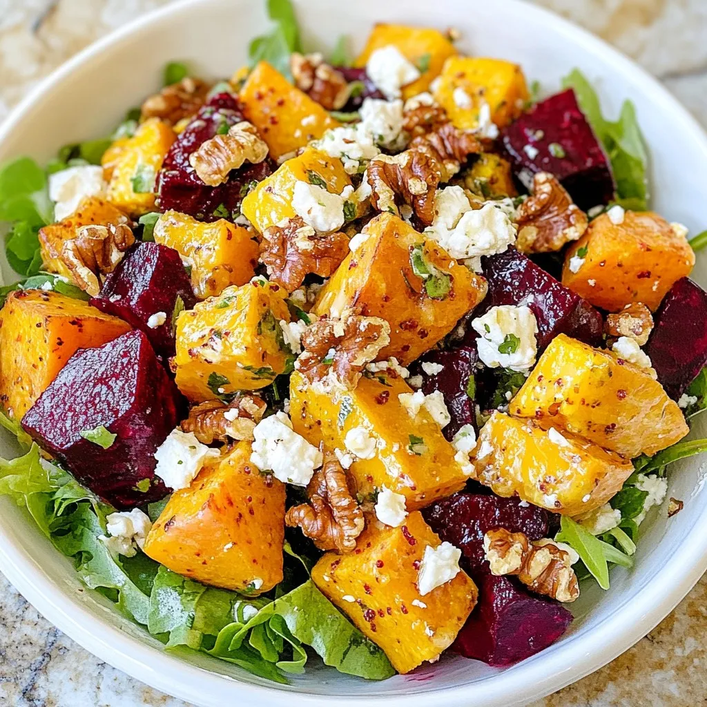 - Beets and Sweet Potatoes - 2 medium beets, peeled and cubed - 1 large sweet potato, peeled and cubed - Dressing Components - 1/4 cup Greek yogurt - 1 tablespoon lemon juice - 1 teaspoon honey - 1 clove garlic, minced - Salt and pepper, to taste - Salad Greens and Other Toppings - 2 tablespoons olive oil - 4 cups mixed salad greens (arugula, spinach, and romaine) - 1/2 cup crumbled feta cheese - 1/4 cup walnuts, roughly chopped These ingredients come together to create a vibrant salad. The beets and sweet potatoes add color and sweetness. Roasting them brings out their natural flavors and gives a nice texture. The mixed greens provide a fresh crunch, while the feta cheese adds a creamy saltiness. The dressing is simple but flavorful. Greek yogurt makes it rich and creamy. Lemon juice adds brightness, and honey balances the tartness. Garlic gives it a savory kick. Gather these ingredients before starting. Freshness matters, so choose bright veggies. Quality olive oil and feta cheese also enhance the taste. This salad is not only tasty but also packed with nutrients. {{ingredient_image_1}} Preheating the Oven First, preheat your oven to 400°F (200°C). This heat will help the veggies roast well. Preparing the Vegetables In a big bowl, take 2 medium beets and 1 large sweet potato. Peel and cube them. Add 2 tablespoons of olive oil, salt, and pepper. Toss until everything is coated nicely. Roasting Process Spread the beets and sweet potatoes on a baking sheet. Keep them in a single layer for even roasting. Roast them in the oven for about 25-30 minutes. Stir them halfway through to help them cook evenly. They are done when they feel tender and look a bit caramelized. Mixing Feta Yogurt Dressing Ingredients In a medium bowl, mix together 1/4 cup of Greek yogurt, 1 tablespoon of lemon juice, 1 teaspoon of honey, and 1 clove of minced garlic. Add a pinch of salt and pepper. Whisk until the dressing is smooth and creamy. Layering the Salad Components In a large serving bowl, place 4 cups of mixed salad greens, like arugula, spinach, and romaine. Once the roasted vegetables cool a bit, add them on top of the greens. Final Toss and Serving Sprinkle 1/2 cup of crumbled feta cheese and 1/4 cup of chopped walnuts over the salad. Drizzle the feta yogurt dressing on top. Gently toss everything together to mix well. Serve right away, and feel free to add extra feta and walnuts for a nice touch. Achieving Perfect Roasting Roasting brings out the sweet, earthy flavors of beets and sweet potatoes. To get it right, cut them into even cubes. This helps them cook at the same rate. Toss them with olive oil, salt, and pepper before roasting. Spread them on a baking sheet in a single layer. Crowding the pan can lead to steaming instead of roasting. How to Tell When They’re Done Check them after 25 minutes. You want them tender and slightly caramelized. A fork should easily pierce through the sweet potato and beet. If they are not done, give them a few more minutes. Stir halfway through to ensure even cooking. Flavor Enhancements To boost flavor, add herbs like thyme or rosemary with the veggies. Nuts, like walnuts, add a nice crunch. You can also sprinkle some pomegranate seeds for a burst of color and sweetness. Presentation Ideas Layer the salad for a stunning look. Start with greens in a large bowl, then add the roasted veggies on top. Finish with feta and walnuts. Drizzle the dressing over the top for a beautiful finish. Preparing in Advance for Meal Prep You can roast the vegetables a day ahead. Store them in the fridge until you are ready to make the salad. Keep the dressing separate until serving to avoid soggy greens. This makes meal prep easy and keeps flavors fresh. Pro Tips Choose Fresh Beets: Select beets that are firm and have smooth skin for the best flavor and texture. Cool Before Adding Greens: Allow the roasted vegetables to cool slightly before adding them to the salad greens to prevent wilting. Experiment with Greens: Feel free to mix different salad greens such as kale or mixed baby greens for added flavor and nutrients. Customize the Dressing: Adjust the garlic and honey in the feta yogurt dressing to suit your taste preferences for a perfect balance. {{image_2}} Alternative Greens You can switch up the greens in this salad. Try using kale, or mixed baby greens. If you want a peppery kick, arugula works well too. Each green adds its own flavor and texture, making your salad unique. Different Cheese Options Feta is tasty, but don’t stop there! Try goat cheese for a creamy bite. Parmesan adds a sharp twist, while blue cheese gives a bold flavor. Experiment with what you like best! Flavor Infusions Want to change the dressing? Add herbs like dill or basil for an extra burst of flavor. A splash of balsamic vinegar can also add a sweet tang. You can even try adding a hint of spice with cayenne or smoked paprika. Creamy vs. Vinaigrette You can choose between creamy or vinaigrette dressings. For a lighter salad, whisk together olive oil and vinegar for a simple vinaigrette. If you love creamy, stick with the feta yogurt dressing. Both options can change the whole taste! Adding Grilled Chicken or Chickpeas If you want to make this salad heartier, add grilled chicken. It pairs well with the sweet flavors of the beets and sweet potatoes. For a vegetarian option, toss in chickpeas. They add protein and texture, making it a complete meal! To store leftovers, let the salad cool down first. Place it in a container with a lid. You can keep it in the fridge for 3 days. Use an airtight container to keep it fresh longer. If you want to reheat the roasted beets or sweet potatoes, do it gently. Use the microwave or oven. Heat them until warm, but do not overcook. This keeps their flavor and texture nice. To maintain the best flavor and texture, store the dressing separately. Mix it in just before serving. This prevents the greens from wilting. Keep salad greens crisp by wrapping them in a paper towel. Store them in a sealed bag or container. Yes, you can use pre-cooked beets. They save time and add sweetness. Just slice or cube them before adding to the salad. You won’t need to roast them. This change makes the salad easier to prepare. To make this salad vegan, swap the feta cheese for a vegan cheese. You can also use a plant-based yogurt for the dressing. Instead of honey, try maple syrup or agave nectar. These swaps keep the flavors vibrant and fresh. This salad pairs well with grilled chicken or fish for protein. You can also serve it with crusty bread or quinoa. For a lighter meal, serve it with a bowl of soup. These options balance flavors and textures nicely. This article covered the key elements of making a tasty Roasted Beet & Sweet Potato Salad. You learned about the main ingredients, step-by-step preparation, and tips to improve flavor. We also explored variations and storage tips to keep your salad fresh. In conclusion, this salad is versatile and fantastic for any meal. Don’t hesitate to get creative with your ingredients. Enjoy your delicious creation!