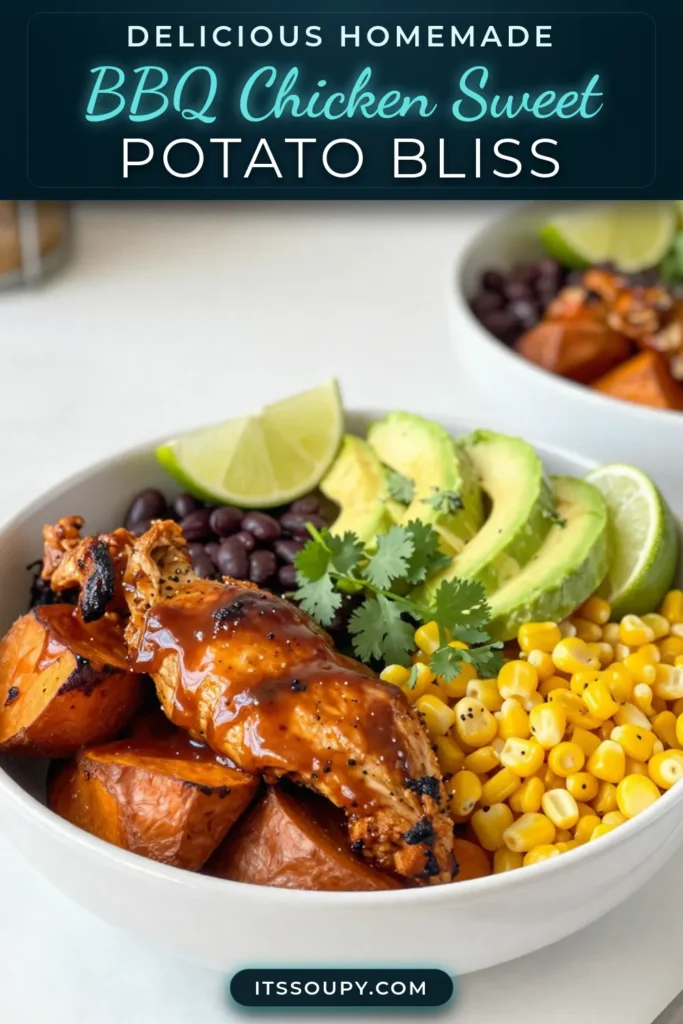 Looking for a delicious and nutritious meal? Try these BBQ Chicken Sweet Potato Bowls! This healthy BBQ chicken recipe combines tender grilled chicken sweet potato with roasted sweet potatoes, corn, and black beans. It's the perfect easy BBQ dinner idea for any night of the week. Assemble your sweet potato bowl recipe for a balanced meal that's bursting with flavor. Save this recipe for your next dinner! #BBQChicken #SweetPotatoBowls #HealthyRecipes #EasyDinnerIdeas