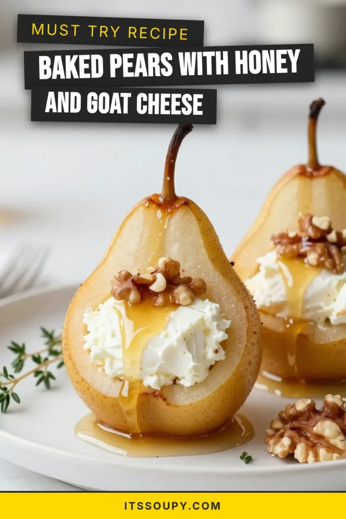 Indulge in the deliciousness of Honey Goat Cheese Baked Pears, a simple yet elegant easy dessert with goat cheese that's perfect for any occasion. This baked pear recipe features juicy, honey glazed pears topped with roasted pears with walnuts for an exquisite finish. Elevate your dessert game and impress your guests with this delightful treat. Try it today and save for later! #HoneyGoatCheesePears #BakedPearRecipe #EasyDessertWithGoatCheese #HoneyGlazedPears