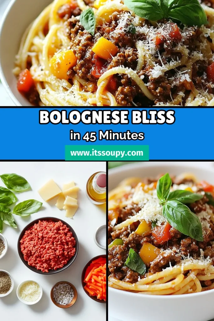 Looking for a delicious and easy dinner option? Try this Simple Weeknight Bolognese! This homemade Bolognese sauce recipe features ground beef simmered in crushed tomatoes, herbs, and spices, perfect for spaghetti Bolognese or any pasta of your choice. With just 45 minutes of prep, enjoy a satisfying beef Bolognese recipe the whole family will love. Save this easy pasta recipe for your next weeknight meal! #Bolognese #PastaRecipes #EasyDinner #HomemadeCooking