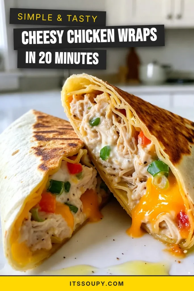 Looking for a delicious and healthy meal? Try these cheesy chicken wraps! This whole wheat chicken wrap recipe combines shredded chicken, creamy cheese, and fresh veggies for an easy chicken dinner recipe that's packed with flavor. Perfect for lunch or dinner, these creamy chicken tortilla wraps are sure to please everyone. Give them a try and enjoy a nutritious meal that’s quick to make. Save this recipe for your next meal! #CheesyChickenWraps #HealthyChickenWraps #EasyChickenDinner #WholeWheatWraps