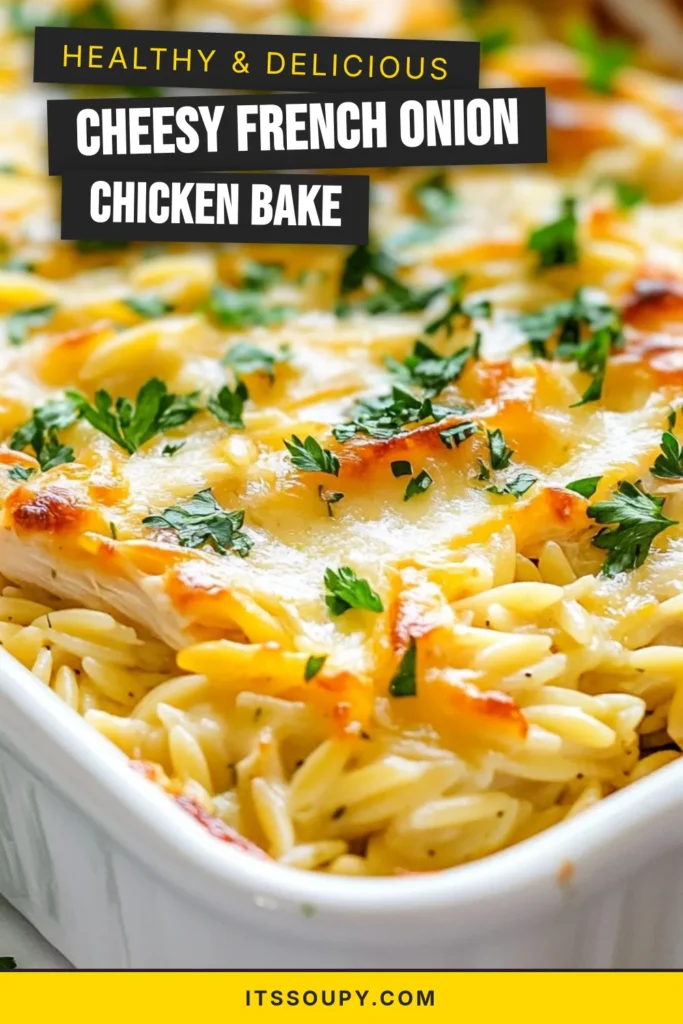 Indulge in the creamy goodness of this French onion chicken bake with our easy chicken pasta bake! This orzo pasta casserole combines tender chicken, caramelized onions, and melted Gruyère, making it a perfect comfort dish. Ready in just 45 minutes, it's an ideal weeknight meal that your family will love. Try this chicken orzo dish tonight and watch it disappear! Save for later! #FrenchOnionChickenBake #OrzoPastaCasserole #GruyèreCheeseRecipes #EasyChickenPastaBake