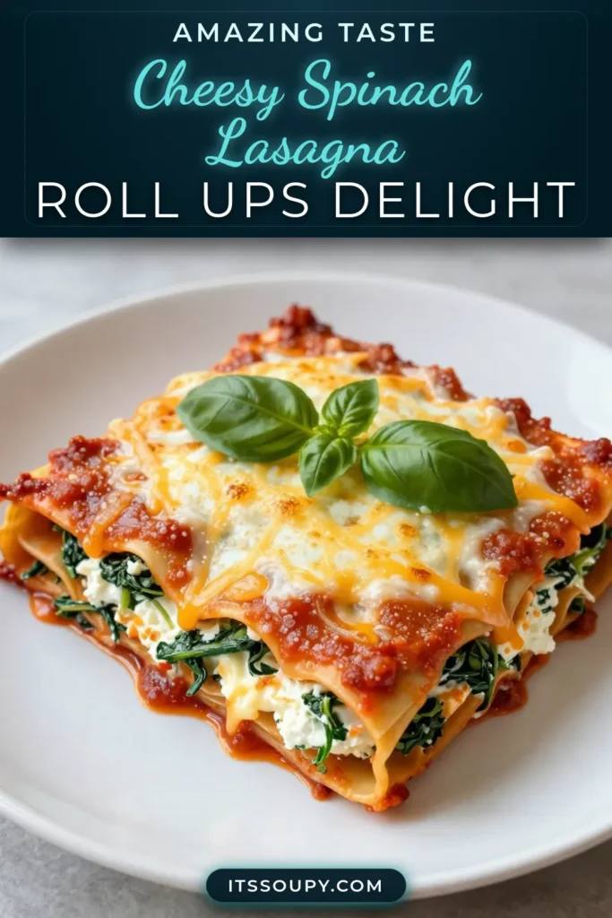 Indulge in these cheesy spinach lasagna roll-ups, a delightful twist on a classic recipe! This spinach ricotta lasagna recipe features soft noodles filled with creamy ricotta spinach rolls, perfect for a vegetarian dinner. Easy lasagna roll-ups are not only tasty but also simple to make. In just 60 minutes, you can serve a comforting meal the whole family will love. Save this recipe to try tonight! #LasagnaRollUps #VegetarianRecipes #EasyDinners #ComfortFood