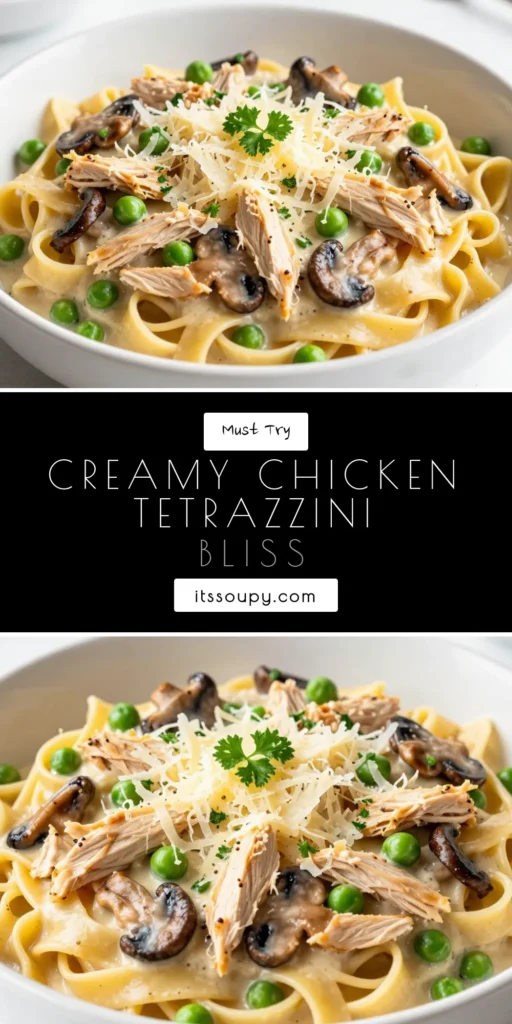 Discover the ultimate creamy chicken tetrazzini recipe that’s perfect for an easy chicken dinner. This luscious fettuccine tetrazzini combines tender shredded chicken, sautéed mushrooms, and peas in a rich creamy pasta dish. Baked to golden perfection, it’s sure to become a family favorite. Elevate your weeknight meals with this delicious baked chicken pasta! Save this recipe for later! #ChickenTetrazzini #PastaLovers #EasyDinner #ComfortFood