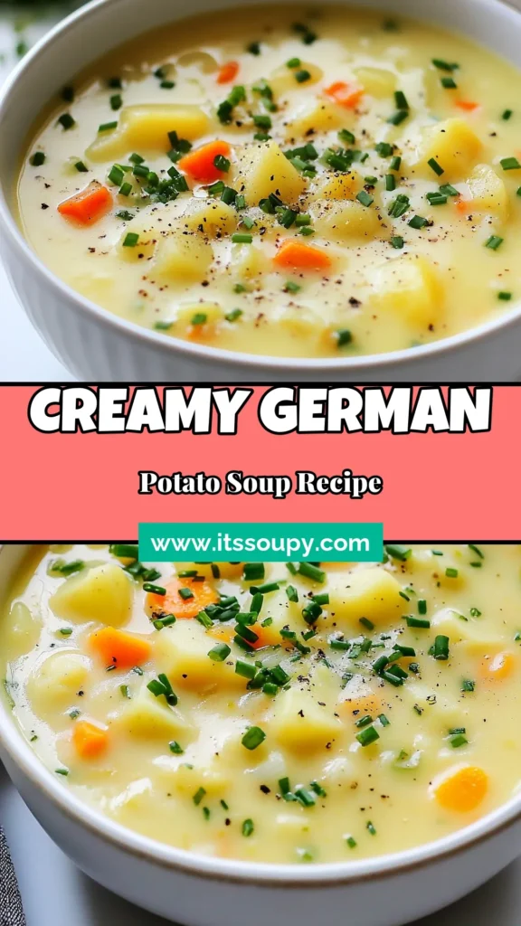 Indulge in the warmth of homemade German potato soup with this classic potato soup recipe. This creamy vegetable soup combines hearty flavors, featuring potatoes, carrots, and aromatic herbs in a delicious, comforting bowl. Perfect for cozy evenings, this dish is a must-try among hearty German recipes. Click to discover how to make this easy and satisfying soup. Save and share your culinary creations! #GermanPotatoSoup #HeartyRecipes #CreamyVegetableSoup #HomemadePotatoSoup