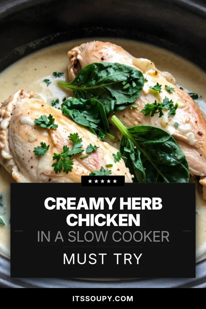 Indulge in this Slow Cooker Creamy Chicken that's perfect for busy weekdays! This creamy herb chicken recipe combines tender chicken breast in a delicious, easy slow cooker meal. Enjoy a dairy-free creamy chicken recipe by swapping heavy cream for coconut cream. Just set it and forget it! Ready in 7 hours, your family will love this comforting dish. Save this recipe now and make dinner effortless! #SlowCookerRecipes #EasyChicken #CreamyChicken #DairyFree