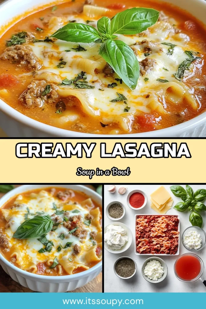 Indulge in the comforting goodness of creamy lasagna soup with this easy lasagna soup recipe! This one pot lasagna soup combines hearty ingredients like ground beef, tomatoes, and creamy cheeses for a delicious twist on traditional lasagna. Perfect for busy nights, this creamy pasta soup is sure to be a family favorite. Save this recipe for a cozy meal tonight! #CreamyLasagnaSoup #EasyLasagnaSoup #OnePotLasagnaSoup #PastaSoup