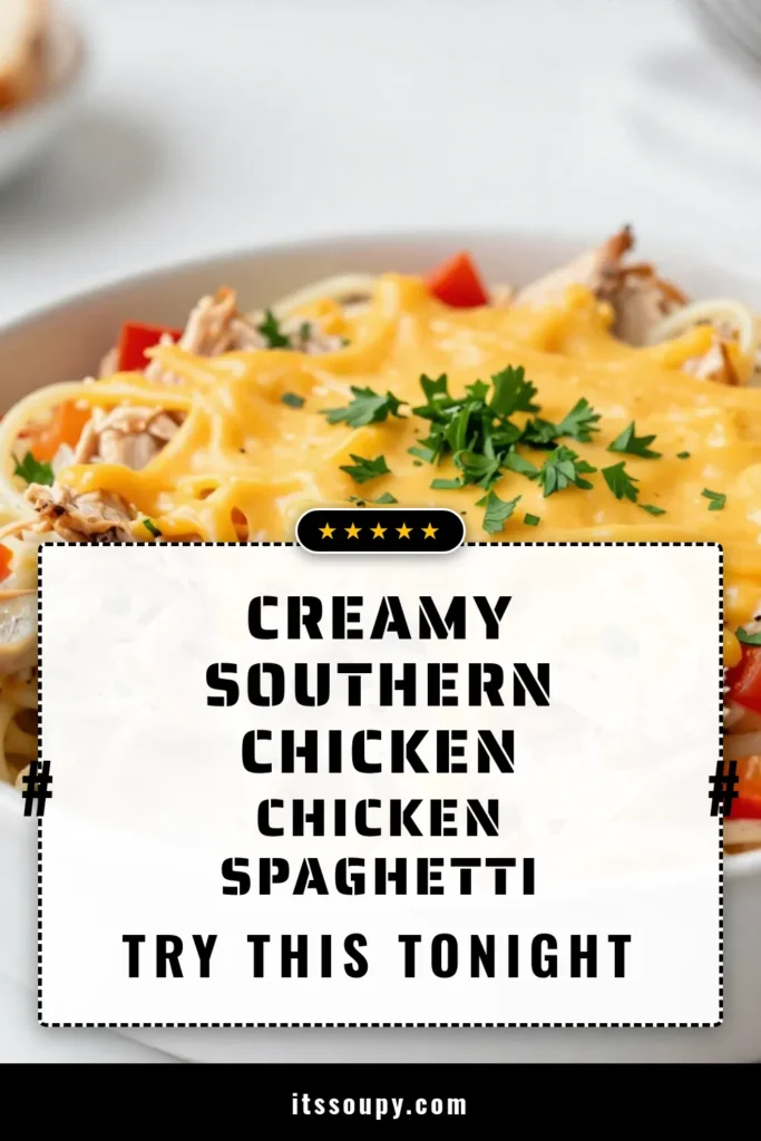 Discover the ultimate Southern Chicken Spaghetti Casserole that combines comfort food with ease. This cheesy chicken spaghetti is perfect for a family dinner, featuring tender chicken, creamy sauce, and a cheesy topping. It's an easy chicken dinner you'll love to make! Ready in just 50 minutes, this casserole recipe is sure to impress. Try it tonight and enjoy a hearty meal everyone will rave about. Save this recipe for later! #SouthernChickenSpaghetti #CasseroleRecipes #CheesyChickenSpaghetti #ComfortFoodCasserole
