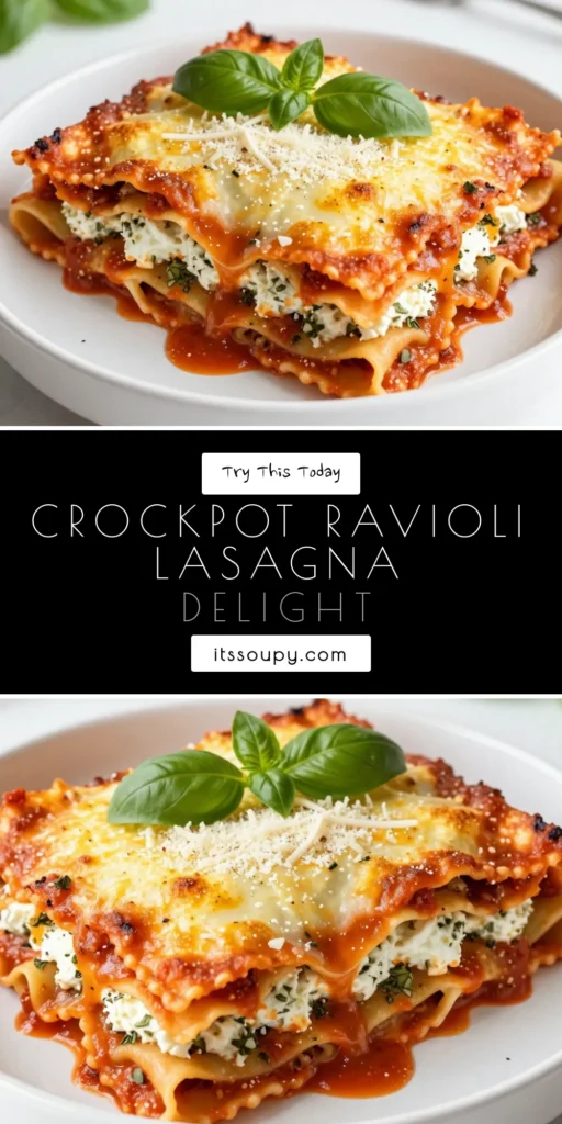 Discover the delight of Crockpot Ravioli Lasagna, the ultimate easy lasagna recipe for busy nights! This comforting slow cooker ravioli dish combines layers of marinara, cheese ravioli, and gooey mozzarella, making it a cheesy ravioli casserole that everyone will love. Perfect for gatherings or a cozy family dinner. Try this delicious comfort food recipe today and enjoy hassle-free cooking! Save for later! #CrockpotRavioliLasagna #EasyLasagnaRecipe #ComfortFood #SlowCookerRecipes