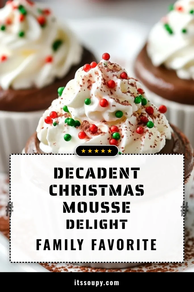 Indulge in the perfect holiday dessert recipe with these delightful Christmas chocolate mousse cups! This easy chocolate mousse recipe combines rich dark chocolate with whipped cream for a light, airy treat. Perfect for Christmas treats, these festive chocolate cups will impress your guests at any holiday gathering. Discover the joy of making this delicious dessert and add a festive touch to your celebrations. Save this recipe for a sweet Christmas! #ChristmasChocolateMousse #HolidayDessert #FestiveChocolateCups #EasyChocolateMousse