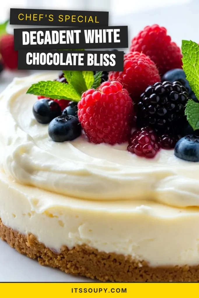 Indulge in this irresistible white chocolate cheesecake that’s perfect for any occasion! This easy cheesecake recipe features a creamy cheesecake dessert that’s no-bake and topped with the best cheesecake toppings. With a delicious blend of white chocolate and a buttery graham cracker crust, this treat is sure to impress. Discover how to make this delightful dessert today and enjoy fresh berries for garnish! Save this pin for later! #WhiteChocolateCheesecake #EasyCheesecakeRecipe #NoBakeCheesecake #CreamyCheesecakeDessert