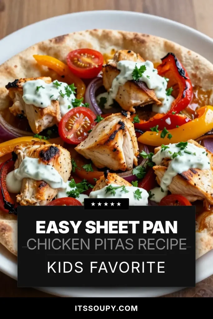 Savor the flavors of these delicious Sheet Pan Chicken Pitas, a simple and easy chicken pita recipe that’s perfect for meal prep! Roasted chicken and veggies are combined in whole wheat pita filling for a healthy twist. Top with our easy tzatziki sauce recipe for extra creaminess. Perfect for busy weeknights! Click to discover how to make this tasty dish and save for later! #SheetPanChickenPitas #EasyChickenPitaRecipe #HealthyMeals #TzatzikiSauceRecipe