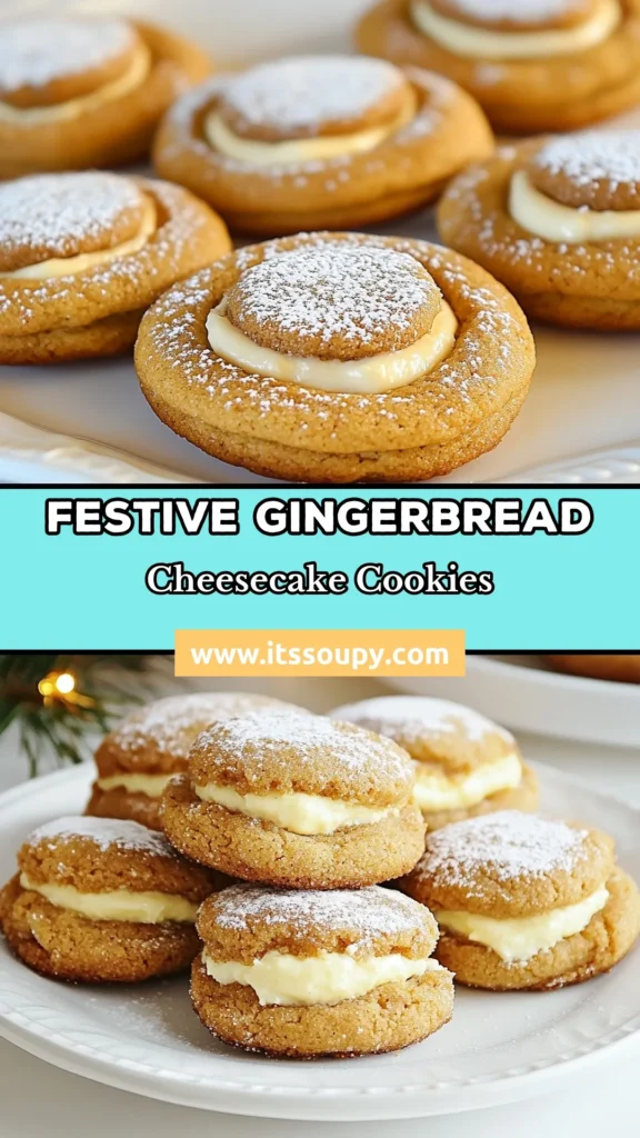 Indulge in the festive flavors of Gingerbread Cheesecake Cookies this holiday season! This delightful holiday cookies recipe combines rich cream cheese filling with spiced cookie dough, creating a perfect treat for Christmas festivities. These cream cheese cookies are sure to impress your guests and make a memorable addition to your festive dessert ideas. Save this delicious Christmas cookie recipe for your next holiday baking session! #GingerbreadCookies #HolidayBaking #ChristmasDessert #Cookies