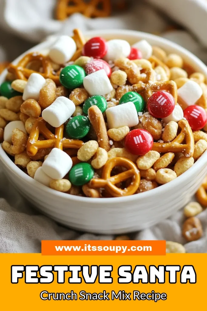 Get ready for the holidays with this delightful Santa Crunch Snack Mix! This festive snack mix recipe combines Cheerios, pretzel sticks, peanuts, and red and green M&Ms for a perfect Christmas snack mix that everyone will love. Easy snack recipes like this one are ideal for seasonal gatherings or cozy nights at home. Try this fun holiday treat and impress your friends and family. Save this idea for your next holiday celebration! #ChristmasTreats #SnackMix #HolidaySnacks #EasyRecipes