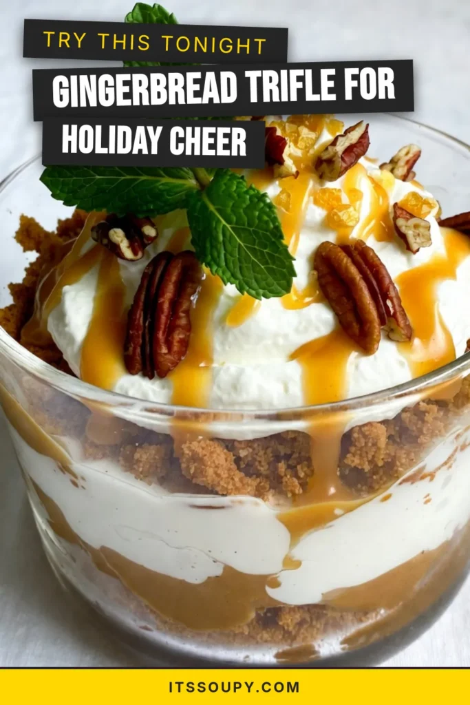 Indulge in the festive spirit with this Gingerbread Christmas Trifle that will impress your guests! This easy holiday dessert recipe combines crumbled gingerbread cookies, creamy gingerbread yogurt, and fluffy whipped cream in a beautiful layered dessert. Perfect for any gathering, this trifle with yogurt is a delicious treat that embodies the flavors of the season. Save and share this festive trifle recipe today! #GingerbreadTrifle #HolidayDesserts #ChristmasRecipes #FestiveTreats