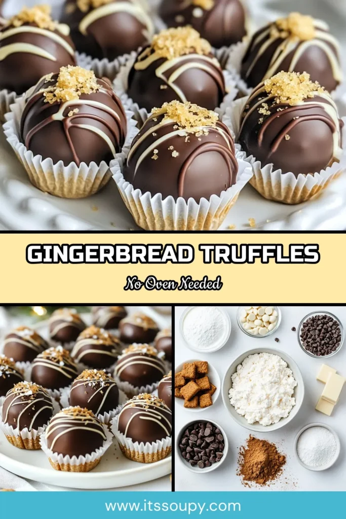 Indulge in the magic of the holidays with these no-bake gingerbread truffles! Easy to make and no baking required, these ginger snap cookie truffles are perfect for festive gatherings. Coated in rich chocolate and topped with a drizzle of white chocolate, they are a delightful dessert idea that everyone will love. Try this easy holiday recipe and elevate your dessert game! Save this recipe for your next holiday get-together! #NoBakeGingerbreadTruffles #GingerSnapCookieTruffles #EasyHolidayRecipes #FestiveDessertIdeas