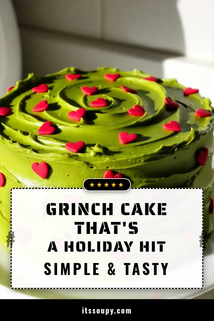 Get into the holiday spirit with this delightful Grinch cake recipe! Perfect for festive dessert recipes, this moist green cake features a rich chocolatey flavor and is topped with creamy frosting. Ideal for Christmas cake ideas, this cake will impress your guests with its vibrant green cake decorations and adorable heart sprinkles. Try it for your holiday baking recipes and spread some cheer! Save this tasty treat for later! #GrinchCake #ChristmasBaking #FestiveDesserts #HolidayRecipes