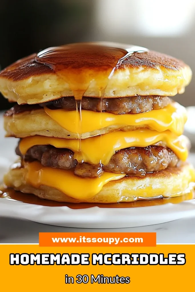 Craving a delicious breakfast? Try this homemade McGriddles recipe! Fluffy McGriddles pancakes stacked with savory sausage and melted cheddar make for the perfect breakfast sandwich. This easy McGriddles recipe is topped with sweet maple syrup pancakes for a delightful twist. Ideal for a family brunch, these sandwiches will please everyone. Save this recipe and enjoy a taste of comfort at home! #BrunchIdeas #BreakfastLovers #HomemadeMcGriddles #FoodieFun