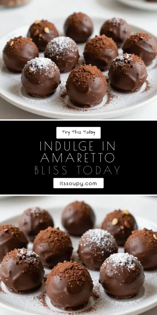 Indulge in these delicious Amaretto chocolate truffles that perfectly blend rich dark chocolate with a hint of almond. This easy chocolate dessert is a must-try for any chocolate lover! Follow this dark chocolate truffles recipe to create your own homemade chocolate truffles, perfect for gifting or enjoying yourself. Get ready to impress with these delightful almond chocolate truffles! Save this recipe for later! #AmarettoChocolateTruffles #HomemadeChocolateTruffles #EasyChocolateDessert #DarkChocolateTrufflesRecipe