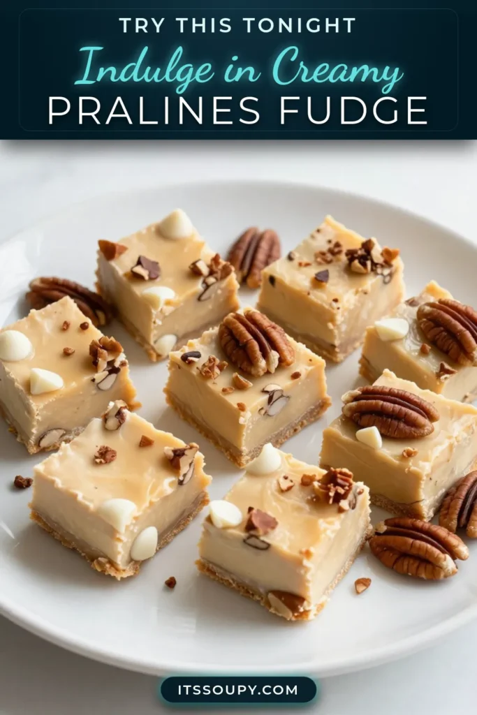 Indulge in this delightful pralines and cream fudge recipe that combines creamy white chocolate fudge with crunchy pecans for the perfect homemade fudge dessert. This easy fudge with pecans is made using sweetened condensed milk fudge for a rich and smooth texture. Perfect for sharing or gifting, this treat will impress everyone! Save this recipe and try it today for a sweet delight! #PralinesAndCreamFudge #HomemadeFudge #EasyFudge #SweetTreats