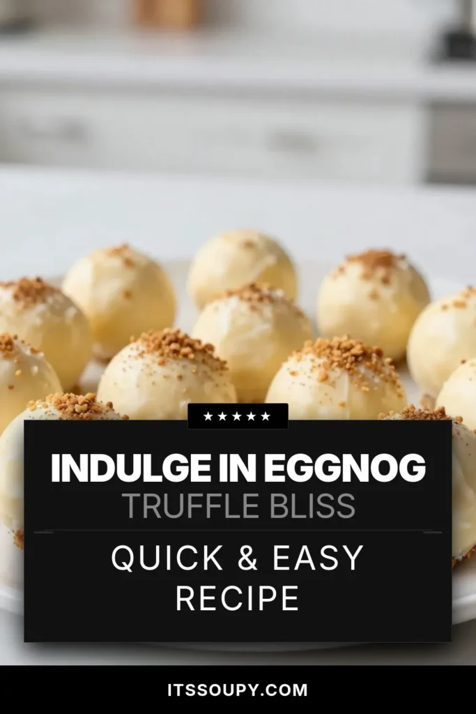 Delight your holiday gatherings with these festive eggnog truffles! This easy eggnog treats recipe features creamy white chocolate and a hint of nutmeg, perfect for any occasion. These no-bake truffle recipes are simple to whip up and make a fantastic holiday dessert truffles. Impress your friends and family – save this white chocolate truffles recipe now! #EggnogTruffles #HolidayDesserts #NoBakeTreats #EasyRecipes