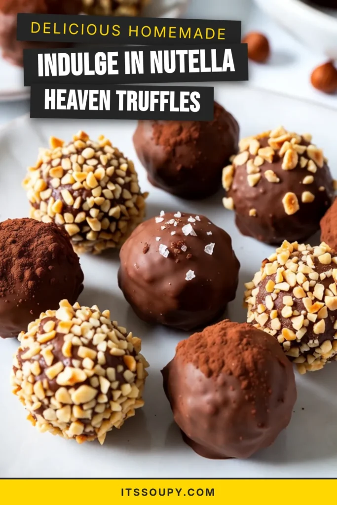 Indulge in these delicious Nutella Hazelnut Truffles with our easy Nutella truffles recipe! Perfect for any occasion, these no-bake Nutella treats combine creamy Nutella and crunchy hazelnuts to create irresistible hazelnut chocolate truffles. Quick to prepare, they’re a must-try for chocolate lovers. Save this recipe for your next dessert craving! #NutellaTruffles #EasyNutellaDesserts #ChocolateTrufflesWithNutella #NoBakeNutellaTreats
