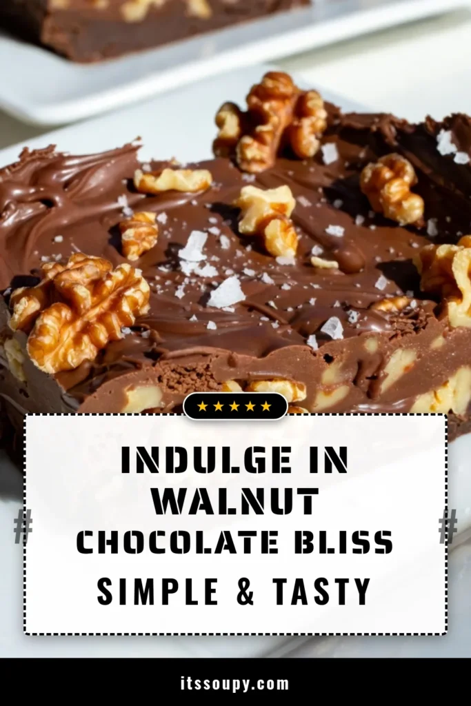 Indulge in this delicious chocolate walnut fudge, an easy fudge recipe that requires no baking! This homemade chocolate fudge combines rich chocolate chips and sweetened condensed milk for a melt-in-your-mouth treat. Perfect for any occasion, it’s quick to prepare in just 15 minutes. Enjoy this no-bake chocolate dessert topped with walnuts and optional sea salt. Save this recipe today! #ChocolateWalnutFudge #EasyFudgeRecipe #NoBakeDessert #HomemadeFudge