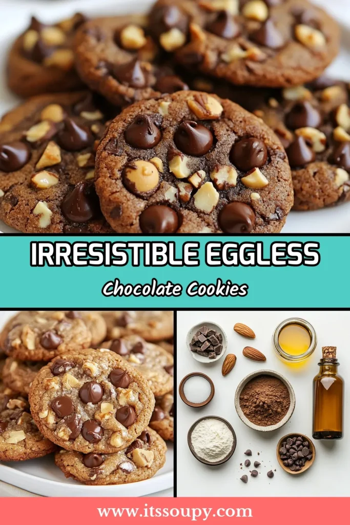 Indulge in these eggless chocolate chip cookies that are not only easy to make but also satisfy your sweet tooth without the eggs! This decadent chocolate cookie recipe features rich cocoa, warm maple syrup, and gooey chocolate chips, making it a perfect treat for everyone, including those seeking vegan chocolate cookies. Enjoy delicious chocolate chip cookie alternatives that everyone will love. Try this easy eggless cookies recipe today and savor every bite! #EgglessCookies #VeganChocolate #EasyCookies #ChocolateChipCookies