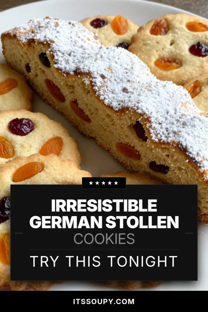 Delight your holiday season with these delicious German Stollen Cookies, a festive cookie recipe perfect for holiday baking! These traditional German cookies are packed with chopped dried fruit and nuts, creating a delightful treat for family and friends. Easy to make and beautifully dusted with powdered sugar, they add a festive touch to any gathering. Save this recipe for your next holiday baking session! #GermanStollenCookies #FestiveBaking #DriedFruitCookies #HolidayRecipes