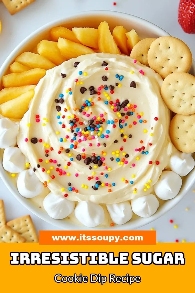 Indulge in this creamy sugar cookie dip recipe that’s perfect for any gathering! This no-bake sugar cookie dip is packed with delicious flavors and features mini chocolate chips for an extra treat. It's an easy cookie dip your friends and family will love, served with sugar cookies, graham crackers, or fruit slices. Don't miss out—save this dessert dip with chocolate chips for your next party! #SugarCookieDip #NoBakeDip #DessertDip #EasyRecipes