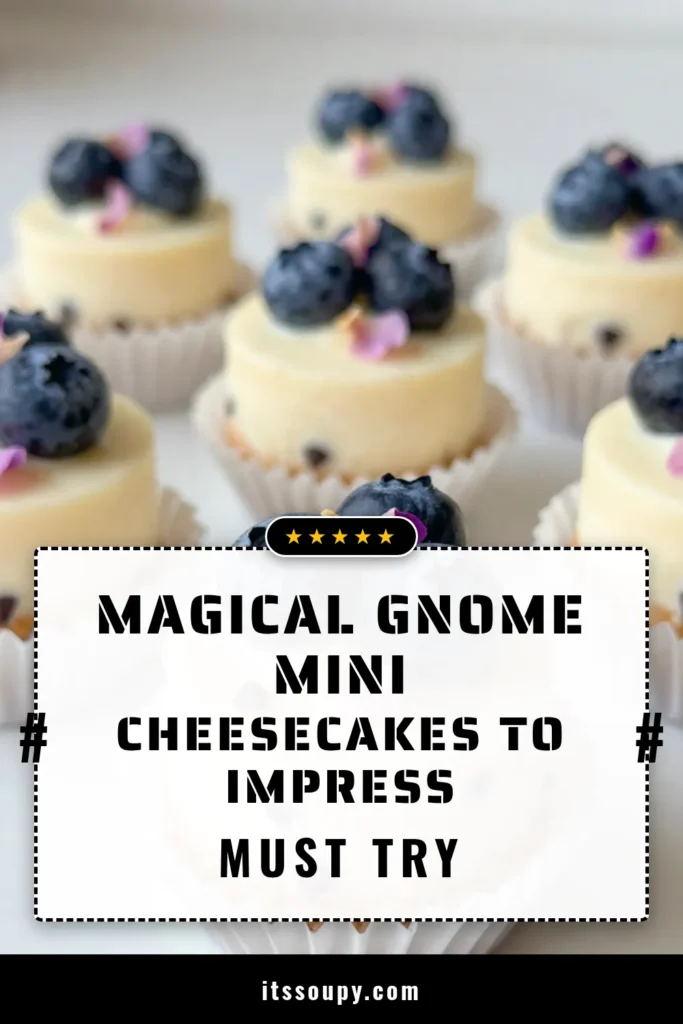 Indulge in these delightful gnome mini cheesecakes that are perfect for any occasion! This mini cheesecakes recipe features a creamy filling with mini chocolate chips, creating a wonderful easy cheesecake dessert. Garnish with fresh blueberries for that perfect finishing touch. Don't miss out on making these delicious treats—save this recipe for a special dessert! #MiniCheesecakes #EasyDessert #ChocolateChipCheesecakes #CheesecakeGarnishes
