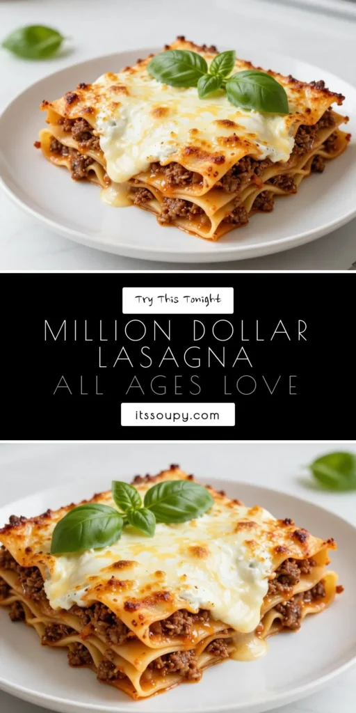 Discover the best Million Dollar Lasagna recipe that combines homemade lasagna with sausage for a rich, flavorful experience. This creamy ricotta lasagna recipe features layers of lasagna noodles, savory meats, and the best lasagna ingredients baked to perfection. Elevate your dinner tonight with this easy-to-follow recipe and impress your family! Save this deliciousness for later and get cooking! #MillionDollarLasagna #HomemadeLasagna #RicottaLasagna #PastaPerfection