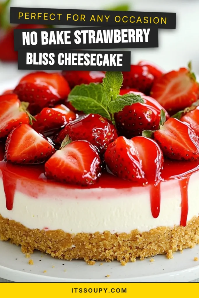 Indulge in this no-bake strawberry cheesecake that’s both delicious and super easy to make! This easy cheesecake recipe features a creamy filling with fresh strawberries, making it the perfect strawberry dessert recipe for any occasion. With no-bake desserts like this, you can impress your guests without the fuss. Try this cheesecake with fresh strawberries and enjoy a delightful treat today! Save for later! #NoBakeStrawberryCheesecake #EasyCheesecakeRecipe #StrawberryDessertRecipes #NoBakeDesserts