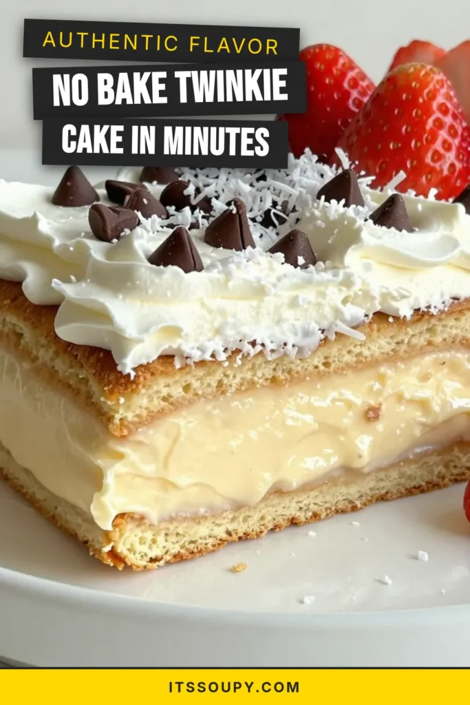 Discover the perfect No-bake Twinkie dessert with this easy Twinkie cake recipe! Layers of delicious Twinkies, creamy vanilla pudding, and chocolate chips come together to create an irresistible Twinkie cake with pudding. Ideal for quick dessert recipes, this Minute No-Bake Twinkie Cake is a hit for any occasion. Get your friends and family excited to try it out! Save this recipe and start creating dessert magic today! #TwinkieCake #NoBakeDesserts #QuickDesserts #SweetTreats