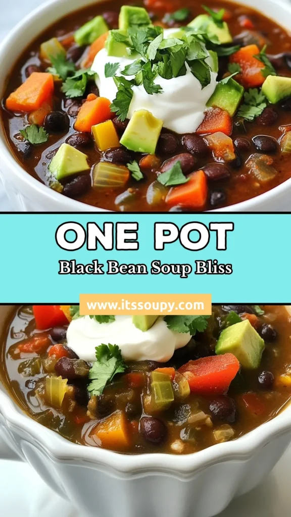 Discover the ultimate one-pot black bean soup that’s perfect for busy weeknights! This vegetarian black bean soup recipe is not only easy to make but also packed with flavor and nutrients. With healthy soup recipes like this, you'll enjoy a hearty meal topped with creamy avocado. Get ready to whip up your new favorite easy black bean soup that your family will love! Save this recipe for a delicious dinner! #BlackBeanSoup #HealthyRecipes #VegetarianCooking #ComfortFood