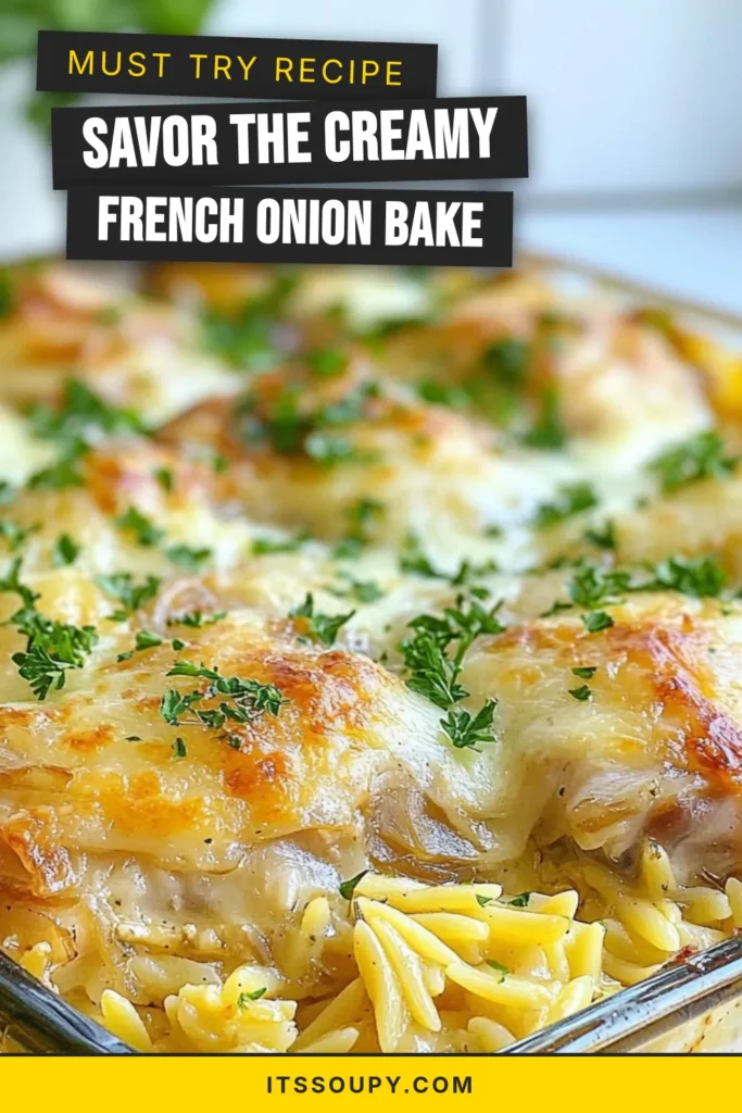 Discover the deliciousness of this French Onion Chicken Orzo Bake! This easy one-pot chicken dinner combines tender baked chicken thighs, savory onions, and creamy cheeses, making it a perfect family meal. Plus, with orzo pasta recipes like this, you can enjoy a comforting cheese and onion casserole that everyone will love. Try this recipe today for a mouthwatering experience! Save now for later! #FrenchOnionChickenBake #OrzoPastaRecipes #EasyDinner #OnePotMeal