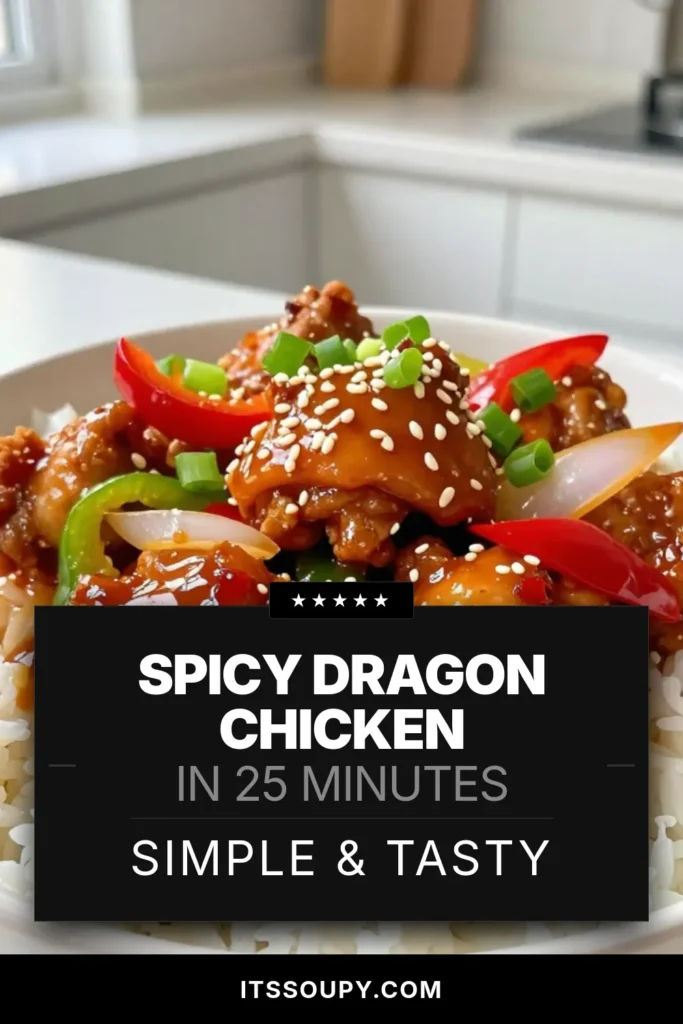 Spice up your dinner with this easy Spicy Dragon Chicken recipe! Made with boneless chicken thighs, this fiery chicken stir fry features garlic, ginger, and a delicious chili paste for a kick you’ll love. Perfect for anyone searching for a quick and satisfying easy spicy chicken dish. Ready in just 25 minutes! Save this boneless chicken thighs recipe for your next meal. #SpicyDragonChicken #ChiliPasteCooking #EasyDinner #ChickenStirFry